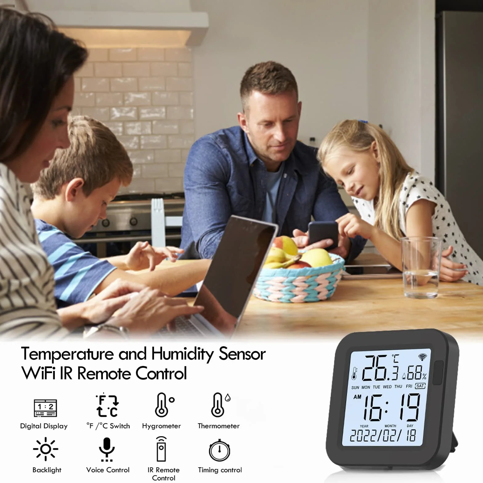 eMylo Termómetro Higrómetro WiFi Interior Exterior, Sensor Temperatura Digital con Control IR Universal, Medidor Temp/Humedad Retroiluminado, Compatible con Alexa Google Home