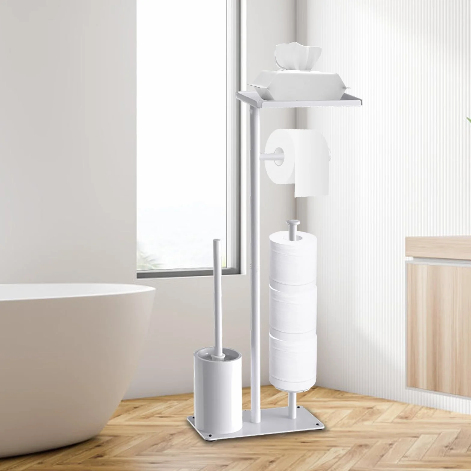 Portarrollos para Papel Higiénico, 59CM Soporte para Papel Higiénico De Pie De Metal con Estante Superior con Escobilla para Baño Y Hogar con Capacidad para 3 Rollos De Repuesto
