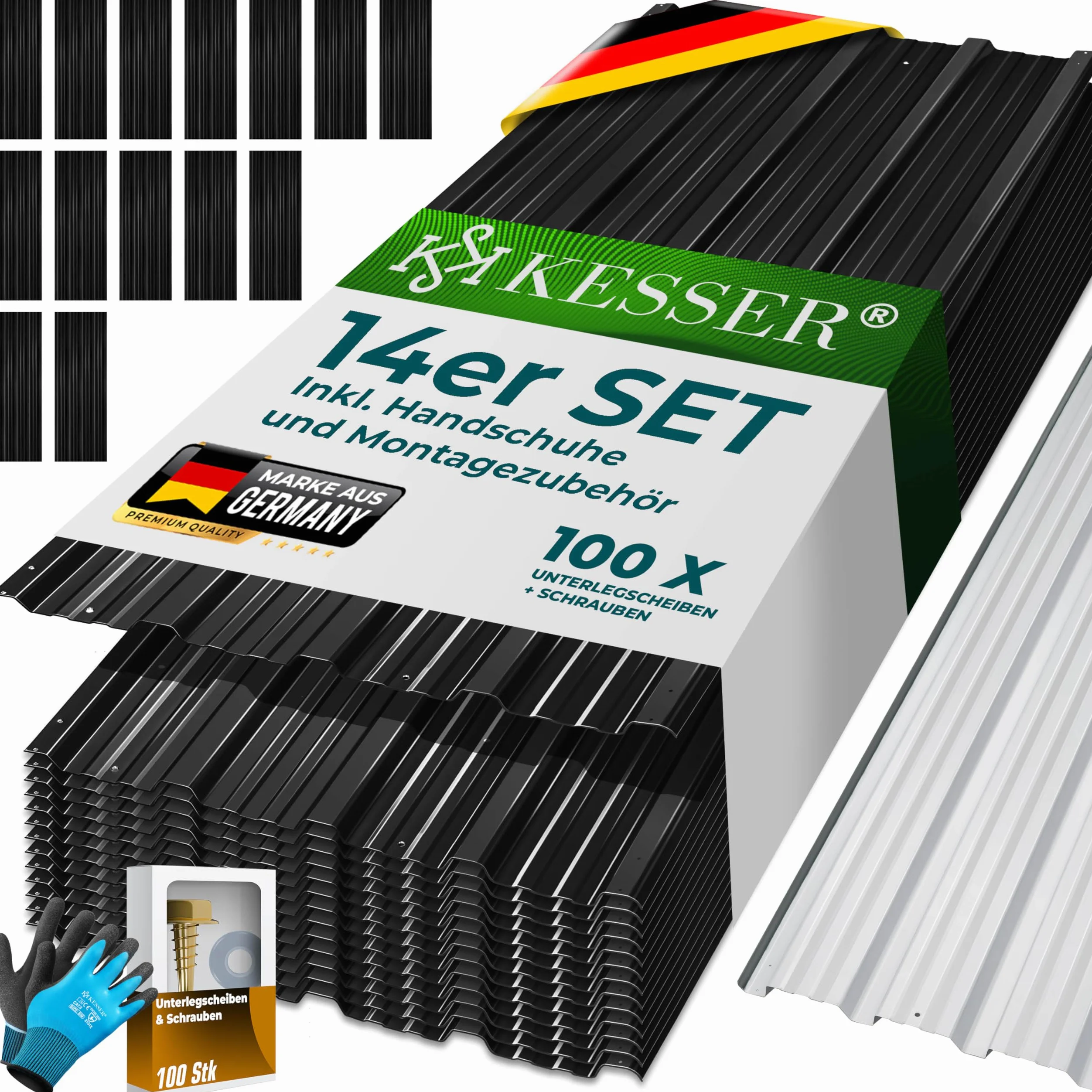 KESSER Chapa trapezoidal de 7 m², 12 unidades, para cobertizo, placas de techo de acero galvanizado de 0,25 mm, incluye guantes de montaje (negro, 110 x 46 cm/14 unidades)