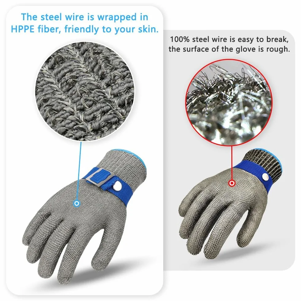 Flintronic Guantes Anticorte Nivel 9, Guantes de Malla de Acero para Trabajo, Protección de Seguridad, Carnicero, 2 Manos de Nailon, Talla M