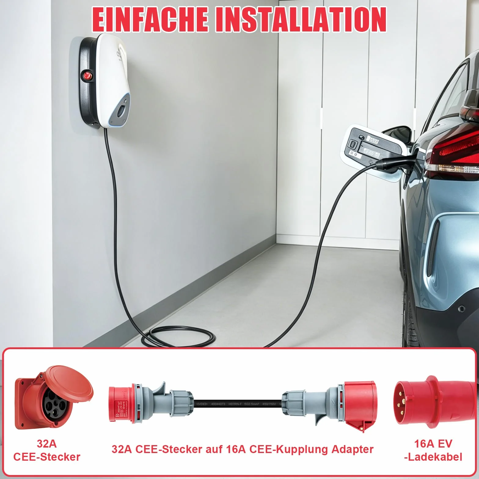 Adapter 32A a 16A, CEE Adapter 32A Stecker auf 16A Kupplung, Starkstrom Adapter 3 Fases con VED 0,5m, Núcleo de cobre 5x2,5mm², 415V máx, IP44 para industria, hogar y carga de vehículos eléctricos