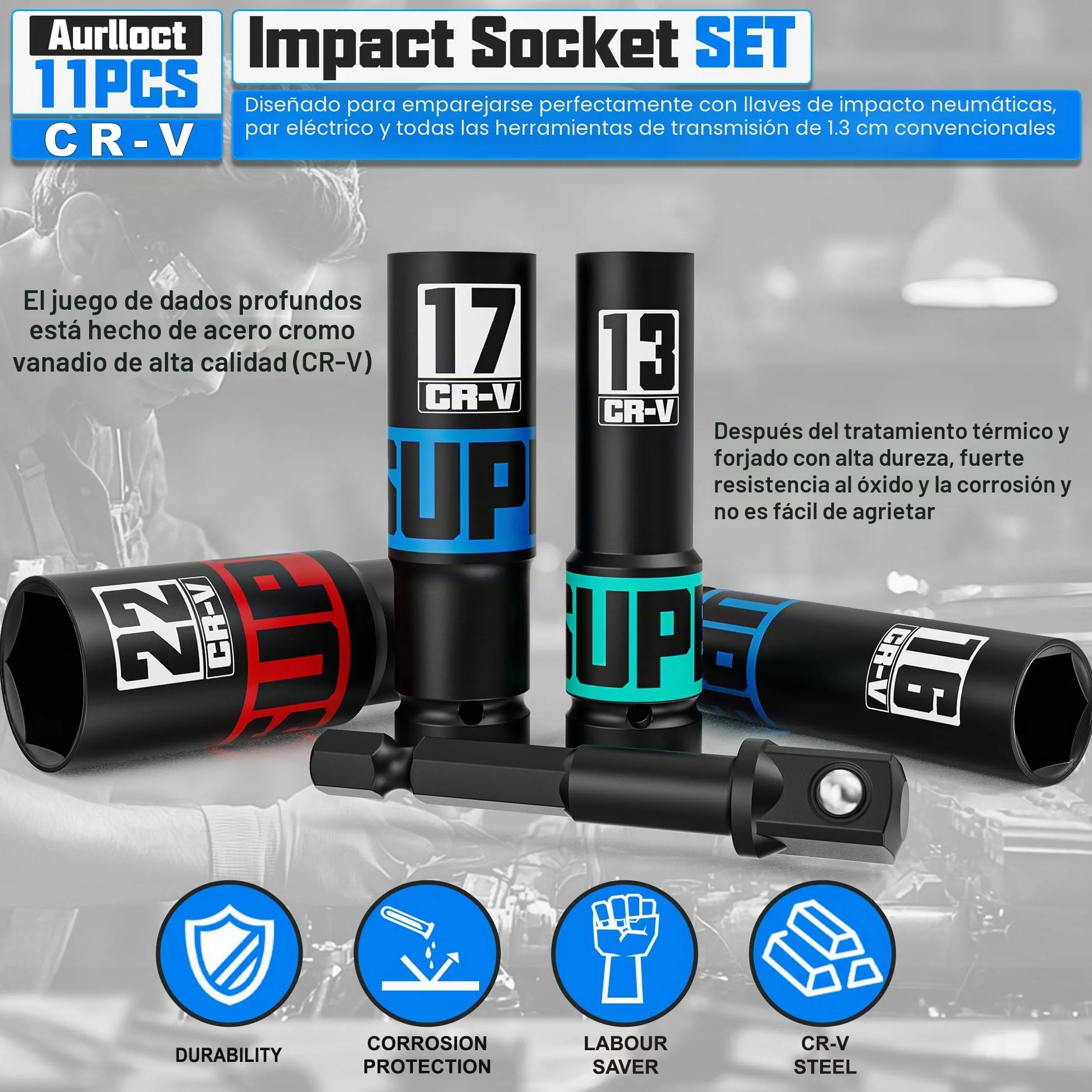 11 Piezas Juego de Llaves de Vaso, 10-24mm llaves de Vaso Impacto 1/2“, con 1/4" a 1/2" Adaptador de Dado, Vaso de Impacto Ferramentas Auto para Reparación de Coches Cambio de Neumáticos