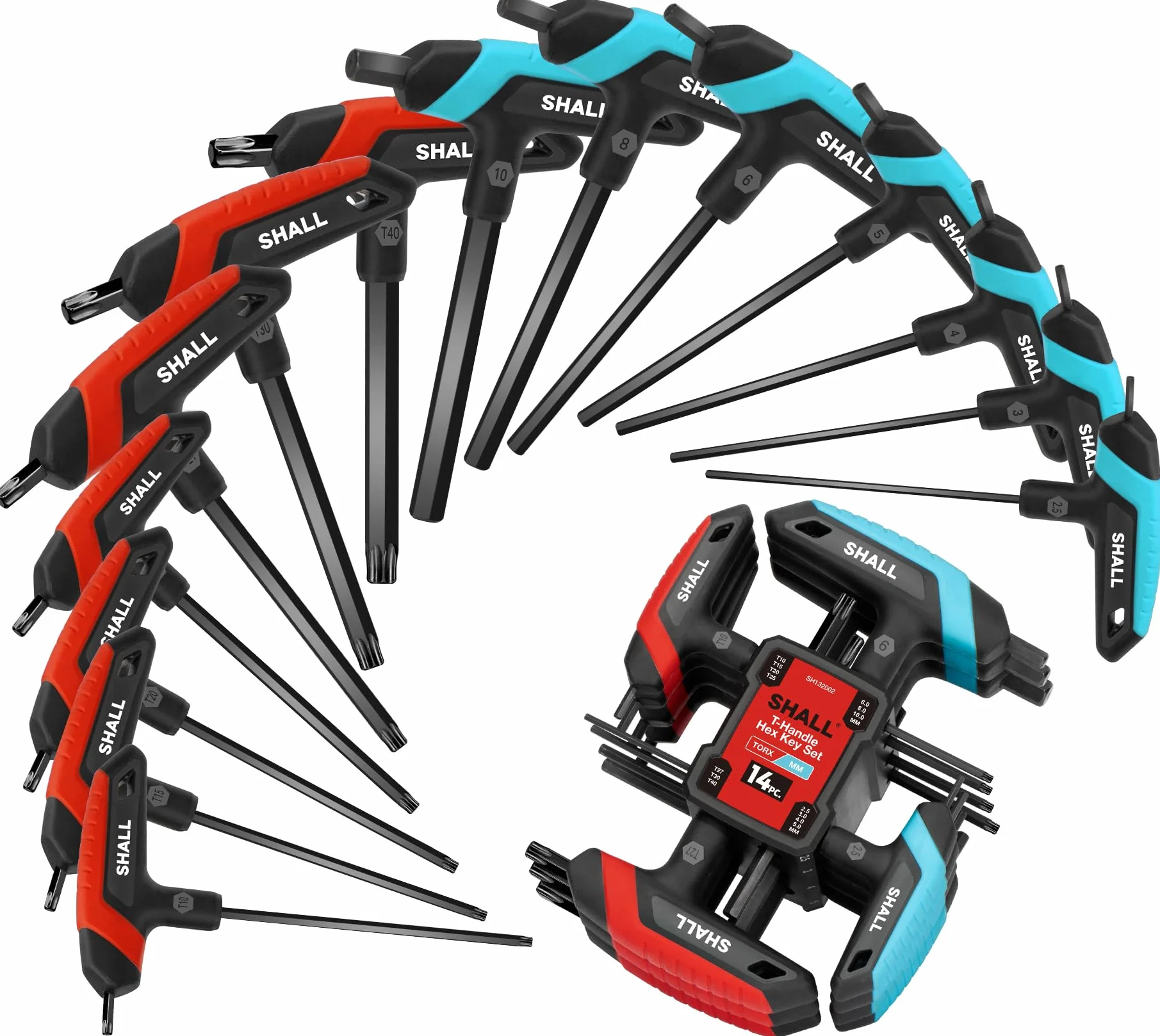 Shall Juego de 14 llaves hexagonales con mango en T, 7 piezas métricas y 7 piezas Torx, para reparación de automóviles y bicicletas, bricolaje, reparación del hogar y mantenimiento mecánico