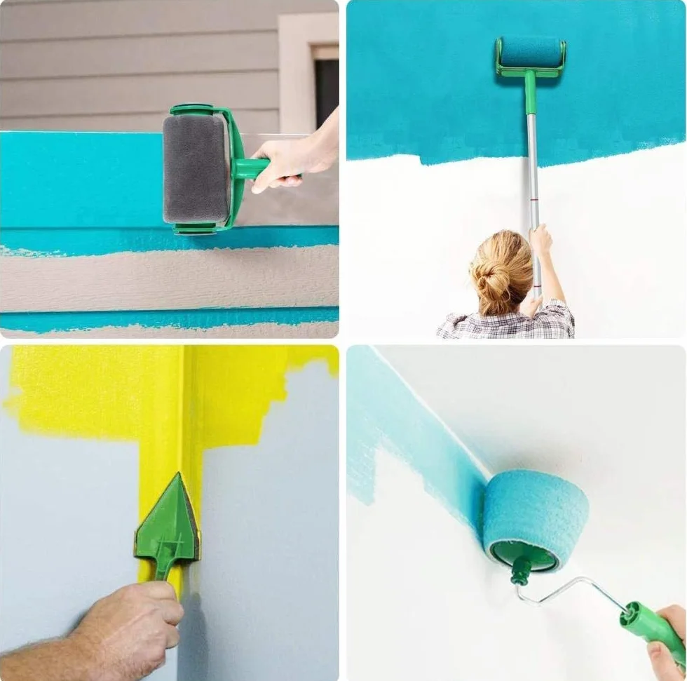 PL Set - Rodillo de pintura antigoteo, sistema de pintura impermeable con fácil flujo, incluye extensión de pintura y boquilla de vertido, ideal para mejoras del hogar, color azul