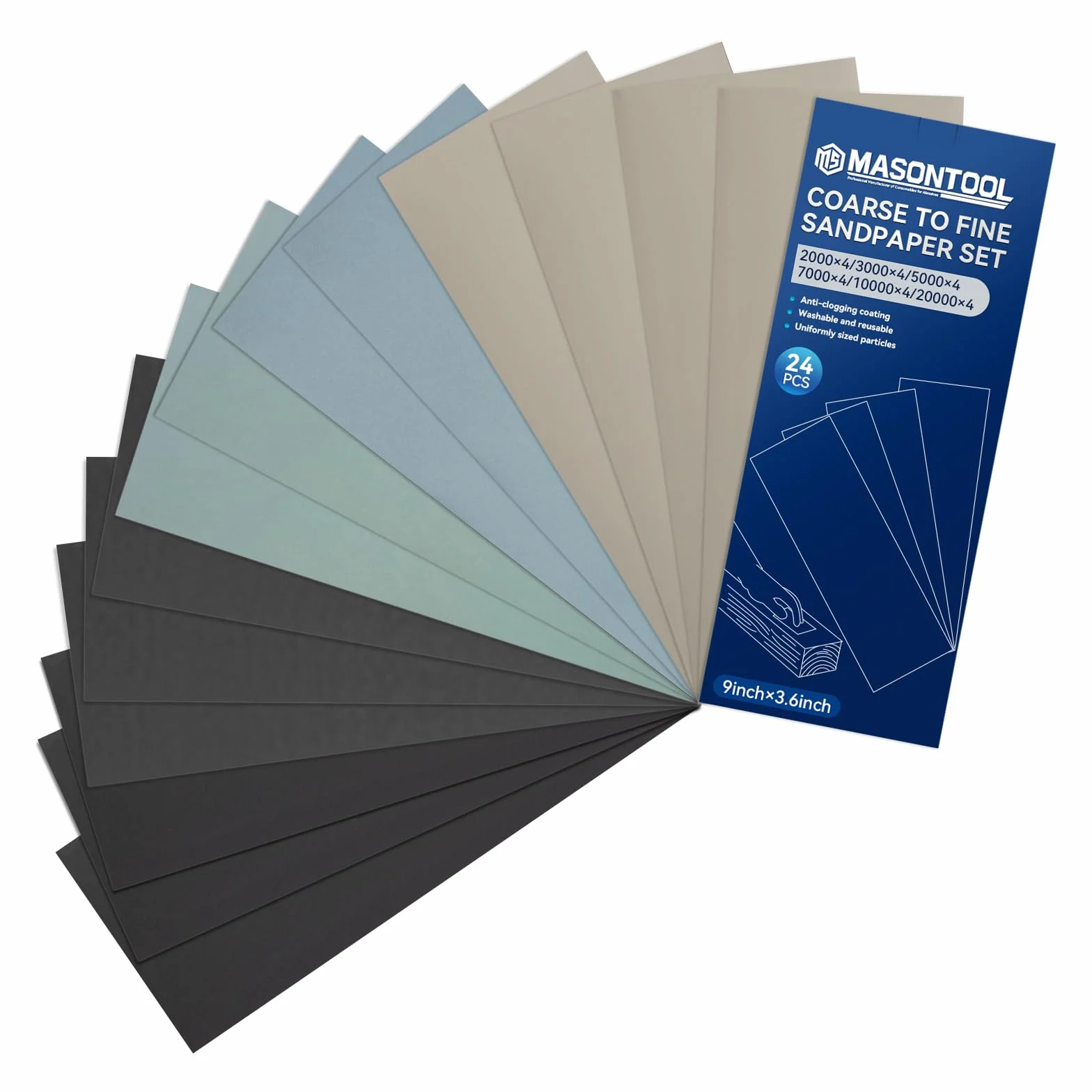 Papel de Lija,Juego de 24 hojas de lija ultrafina de grano 2000/3000/5000/7000/10000/20000 para uso en seco y húmedo, 9 x 3,6 Inch, adecuada para pulido de automóviles, metal y acabado