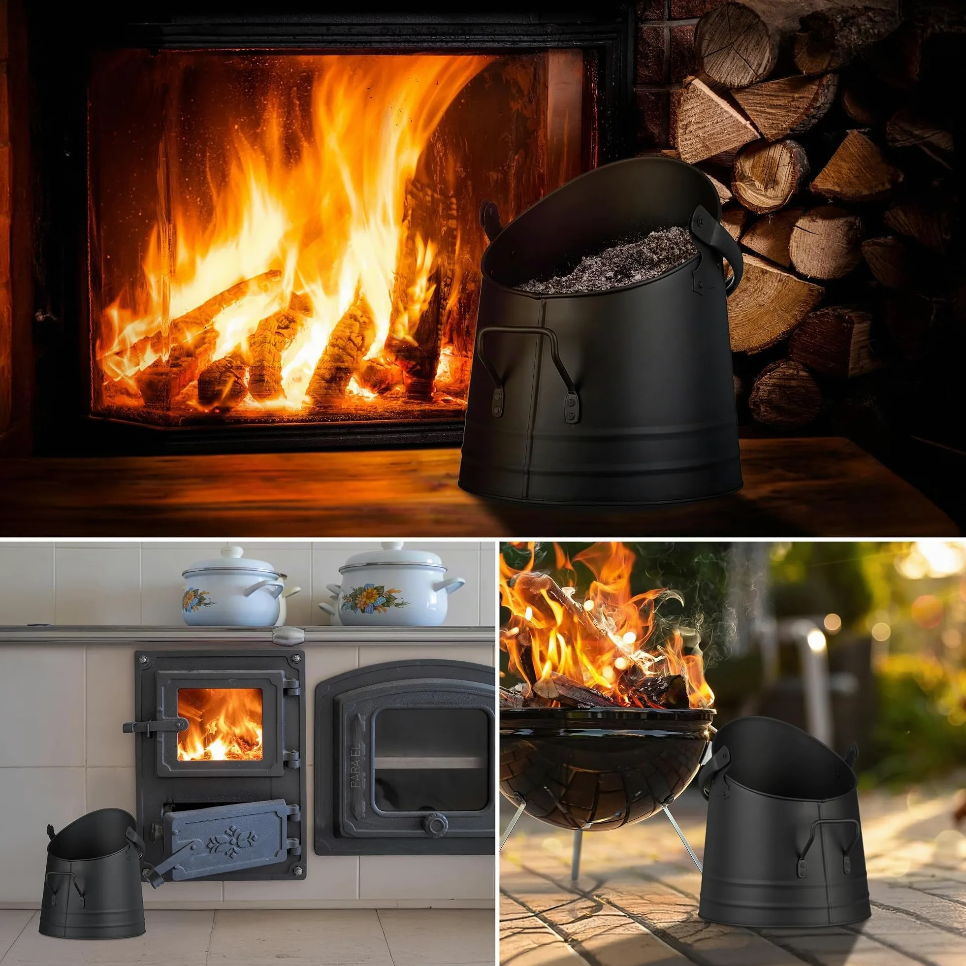 Relaxdays Cubo Cenizas, Pala, Asa y Agarre, 6,5 L, Pellets, Briquetas, Accesorios Chimenea, Recipiente Carbón, Negro