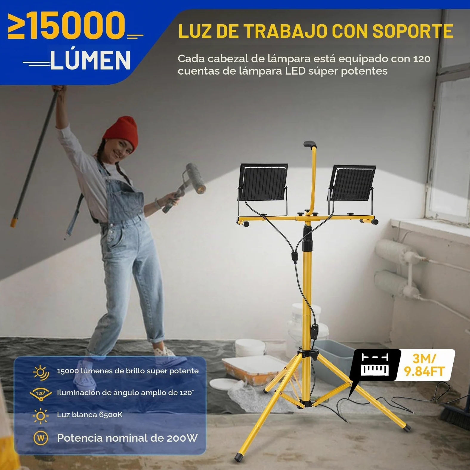 Yofuly 2x 100W Foco LED de Trabajo 21,000LM, Focos LED Portátil con Trípode Telescópico 1,6M, Lentes PC, IP66 Impermeable, con Cable de 3M, Luz de Trabajo para Obras, Jardines, Construcción