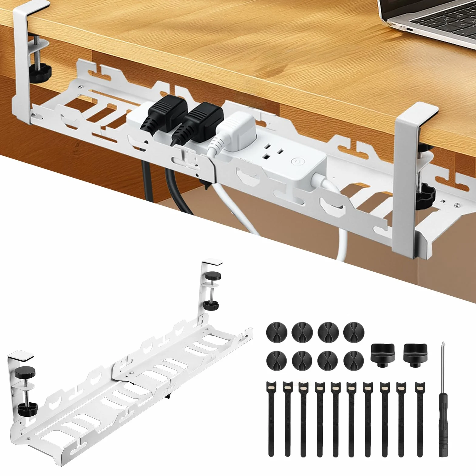 EYPINS Organizador de Cables para Debajo del Escritorio, sin Taladro, de 40-74cm, Retráctil, Resistente, de Acero al Carbono, Bandeja Cables Escritorio Blanco