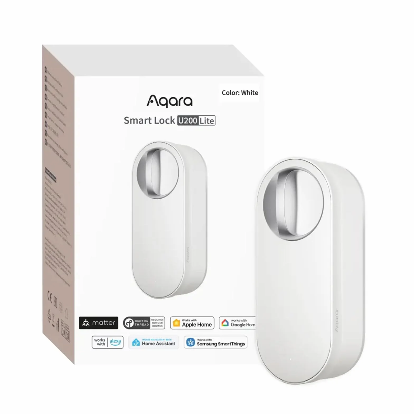 Aqara Cerradura Inteligente U200 Lite, Matter over Thread, Bloqueo Automático, Acceso Remoto, Batería Recargable, Apple Home, Alexa, Blanco