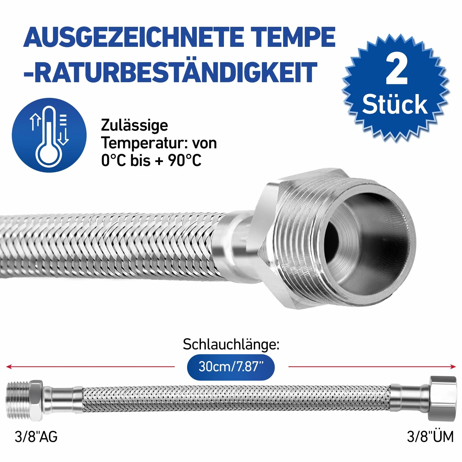 2 mangueras flexibles de acero inoxidable 304 de 3/8, manguera blindada de 3/8 pulgadas y rosca exterior, manguera para grifo, válvula angular, calentador de agua