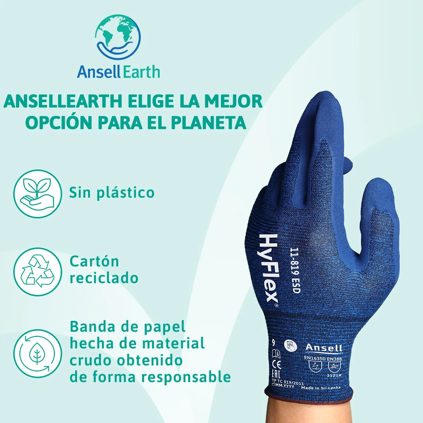 Ansell HyFlex 11-819 Guantes Trabajo Electricista Nitrilo ESD Antiestatico Touchscreen Azul Talla L 12 Pares