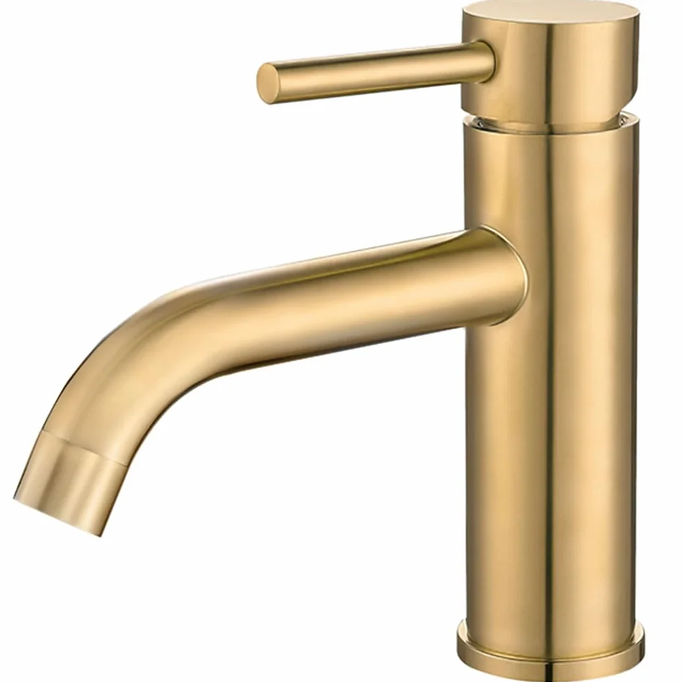 VALAZ Grifo Lavabo Dorado Cepillado Protección PVD | Grifo Monomando Lavabo, Mezclador Agua Fría y Caliente, Ahorro de Agua | Instalación Facil, Latón, Inoxidable, Oro Mate, Caño Curvo, Serie Jabalon