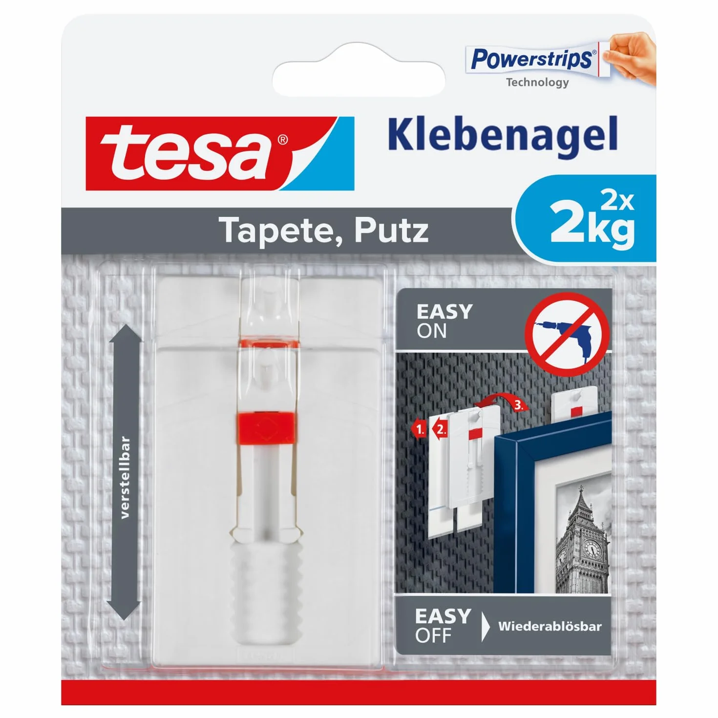 tesa Clavo Adhesivo Ajustable para Paredes Pintadas y Yeso 2 kg, Colgador con Altura Ajustable Sin Perforaciones, Paquete con 2 Clavos Adhesivos y 6 Tiras