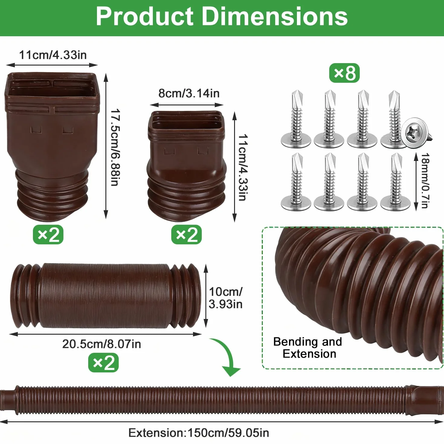 Extensiones de Bajante de Canal de Lluvia 80/100 mm Alargador Flexible 47-150 cm Marrón 2 Piezas