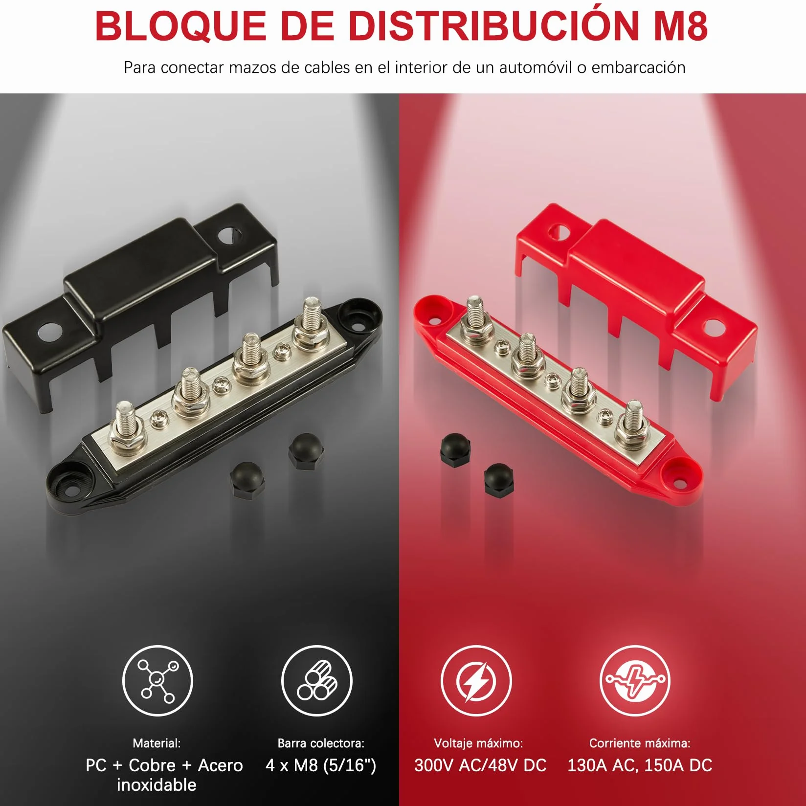 Pindex Bloque Colector M8 250 A CC 12 V-48 V Con 4 Pernos de Terminales M8, Bloque de Distribución de Corriente M8, Barra Colectora de 12 V para Autocaravanas Barcos Yates Coche RV Camión