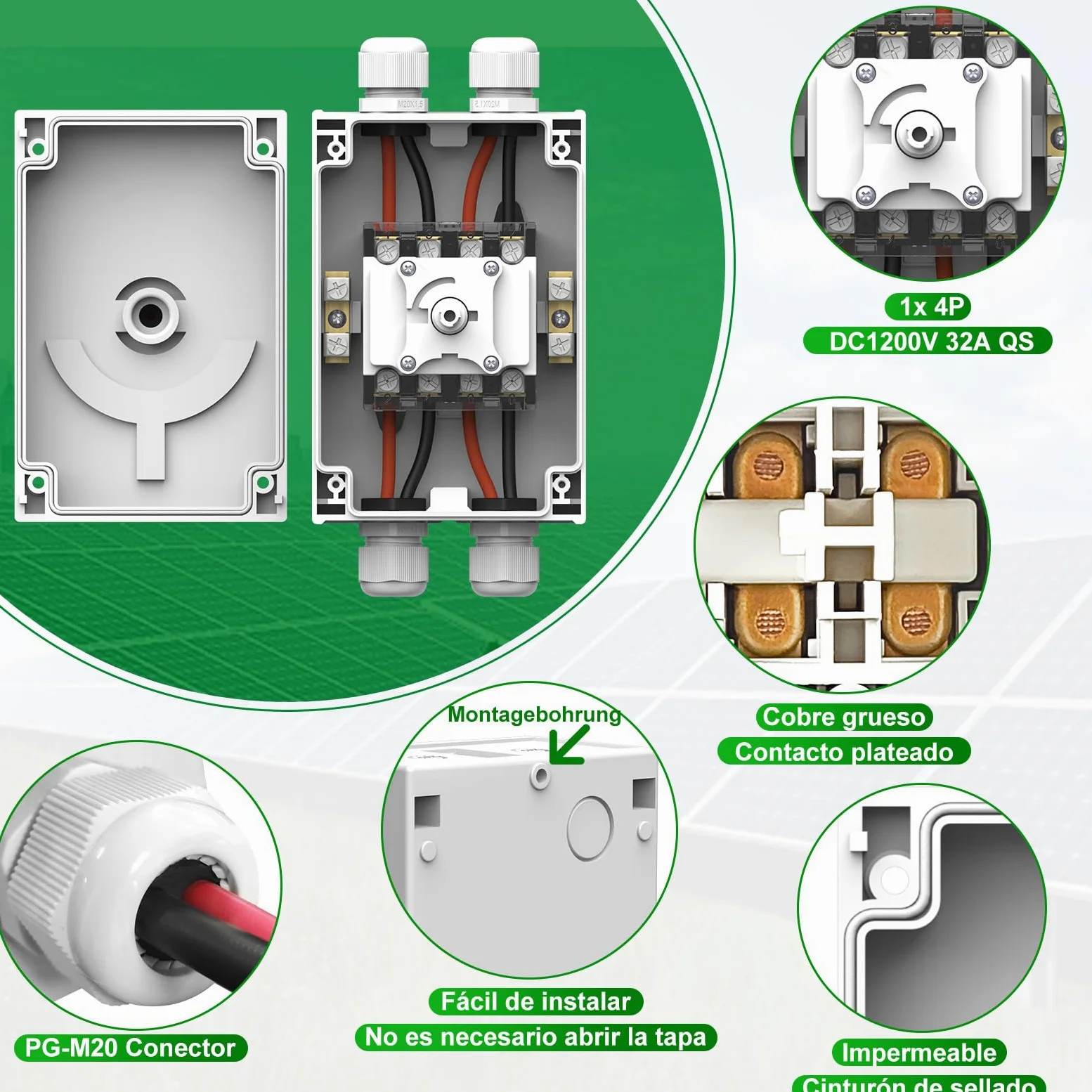 Disyuntor Fotovoltaico DC1200V 32A 1 o 2 Cuerdas IP66, Interruptor de Desconexión Solar para Paneles Solares, Sistemas Off/Grid, RVs, Barcos