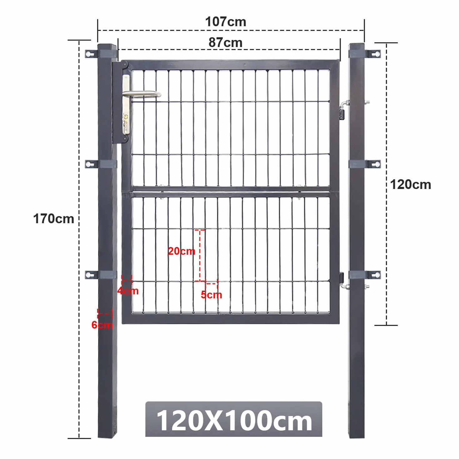 Gimisgu Puerta de jardín, 120 x 100 cm, de acero galvanizado, resistente y duradera, para valla de barra, incluye tirador y 3 llaves, color antracita