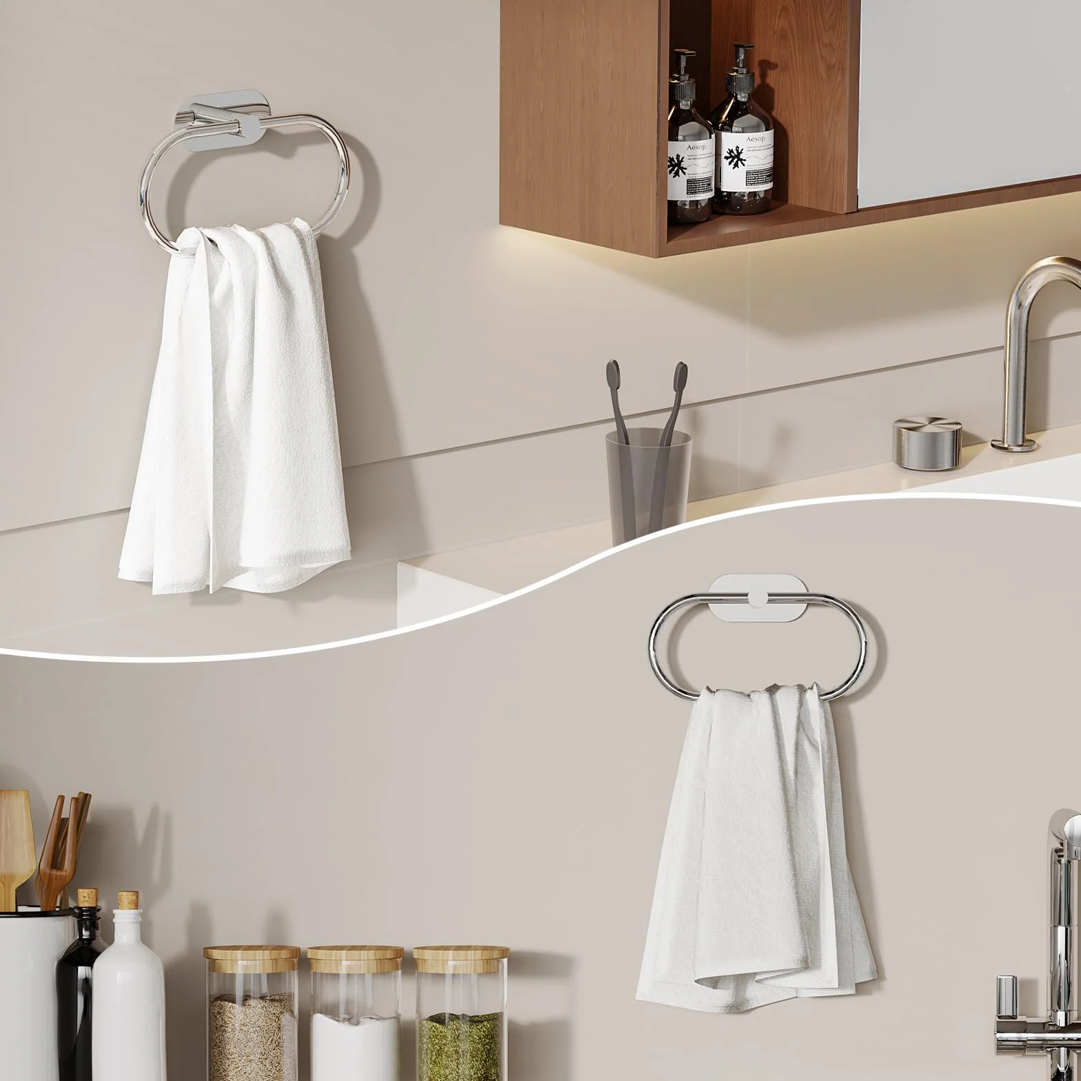 Toallero de acero inoxidable autoadhesivo para baño y cocina, colgador de toallas resistente (cromo)