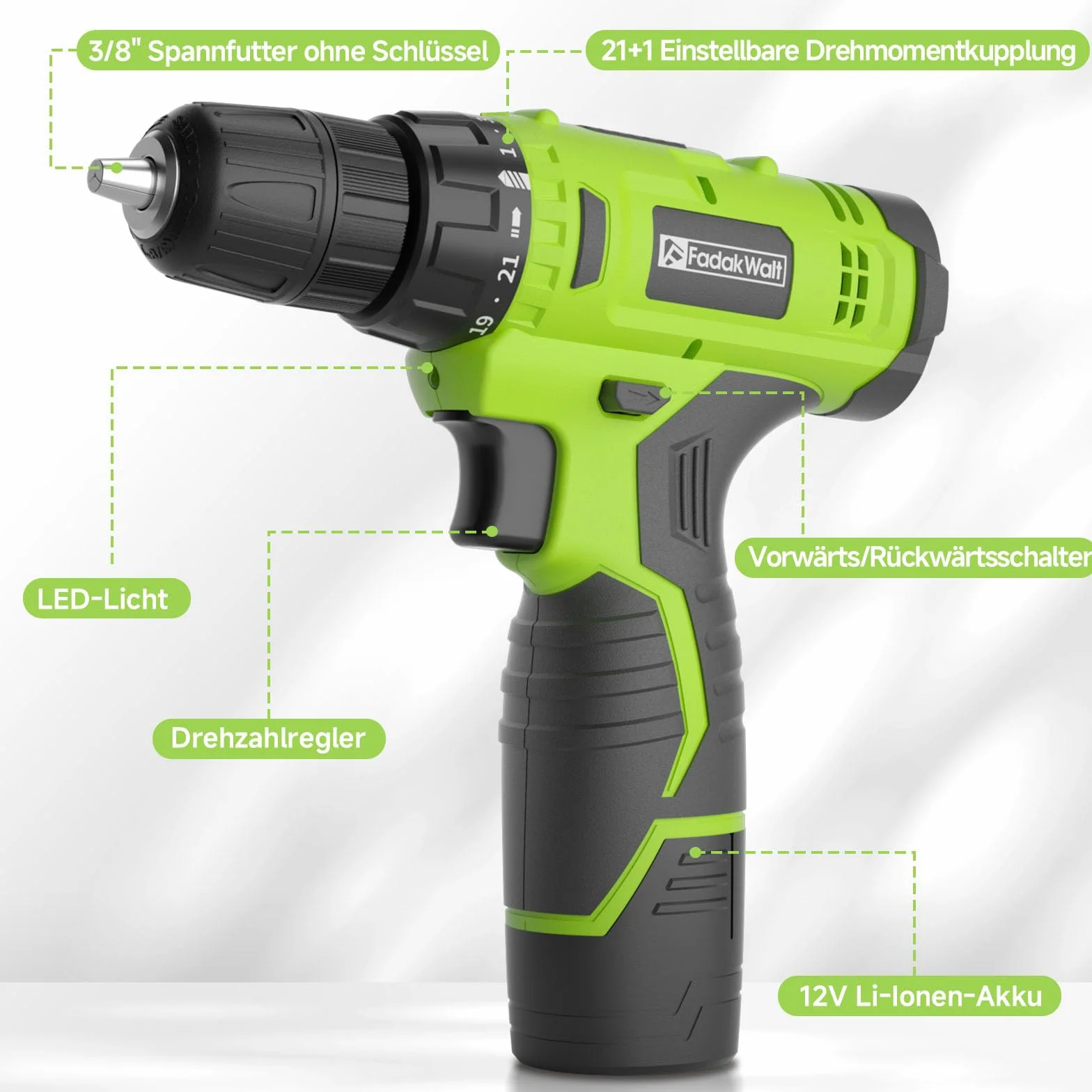 FADAKWALT Taladro Atornillador Batería 12V, Taladro Inalámbrico Juego de 50 Piezas, 19 Nm, 21+1 Ajustes de Par, Luz LED, Atornillador Bateria para Bricolaje en Casa y Jardín (Verde)