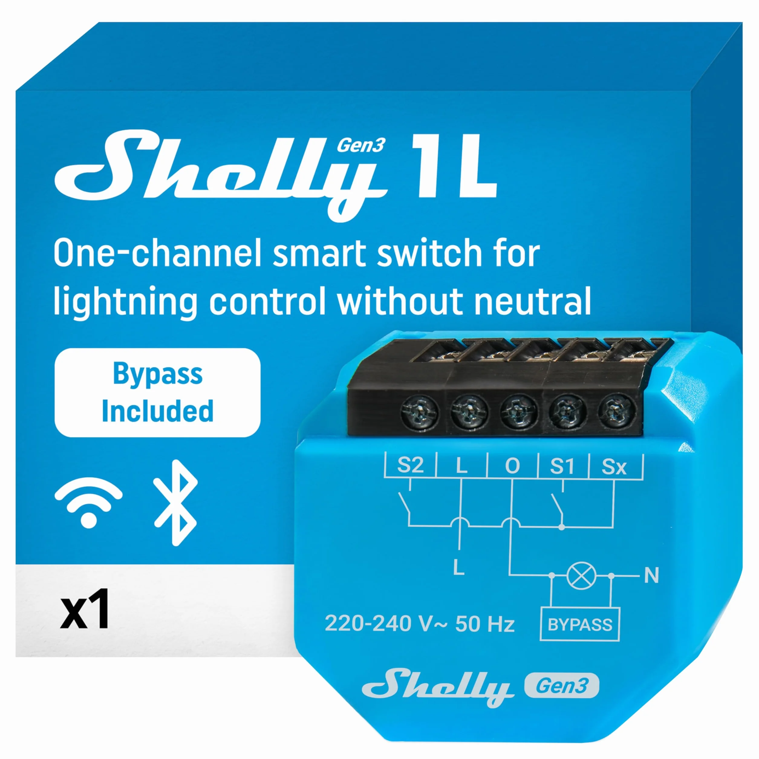 Shelly 1L Gen3 Con Bypass- Interruptor Inteligente WLAN, 1 Canal, Alexa, Google Home, Smartthings, No Requiere Concentrador, Mando A Distancia, No Requiere Conductor Neutro, Montaje Empotrado, Control