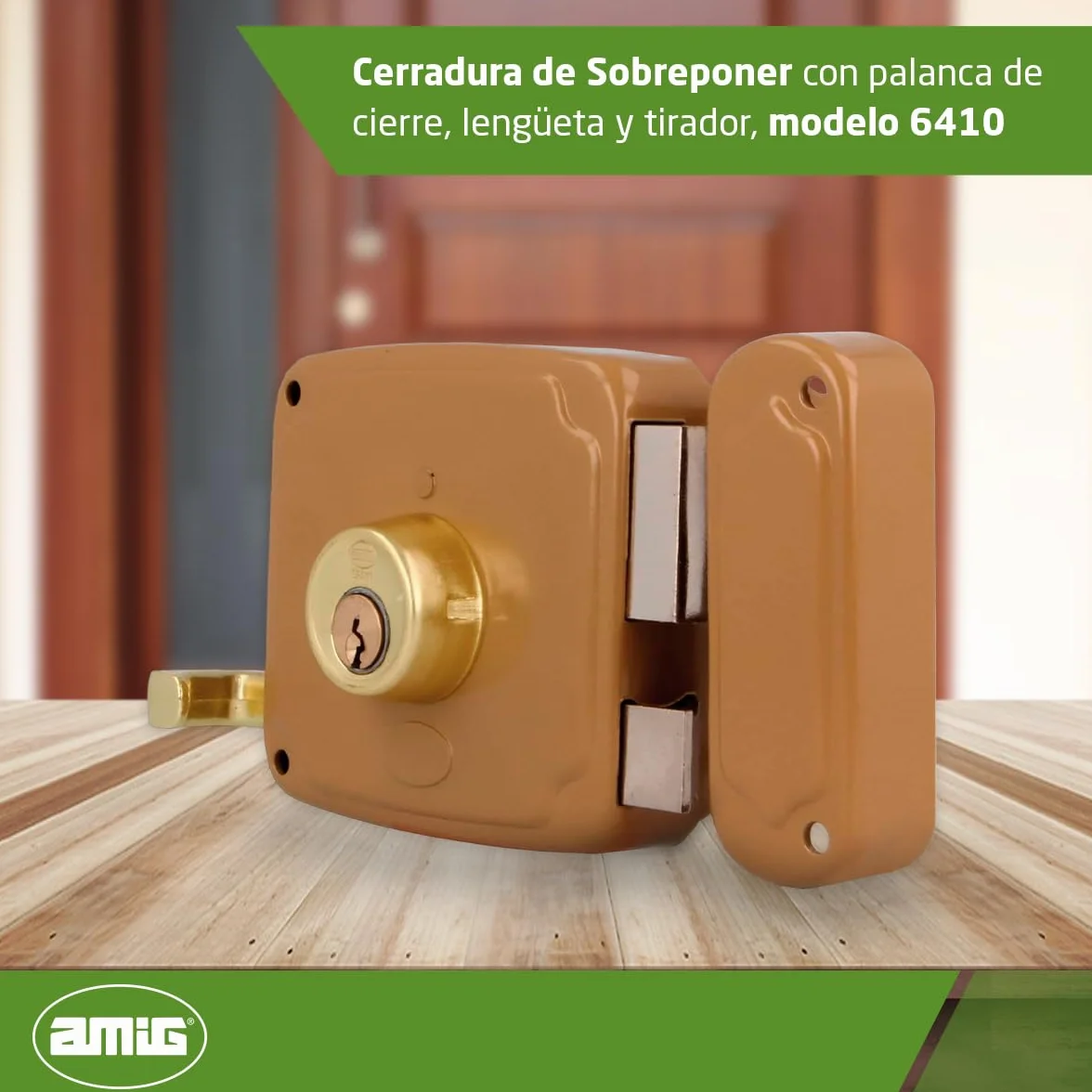 Amig - Cerradura de Sobreponer de Derecha con Palanca de Cierre, Lengüeta y Tirador - Acero Dorado - Medida: 100 x 95 mm - Ideal para Puertas de Madera de Entrada o de Paso