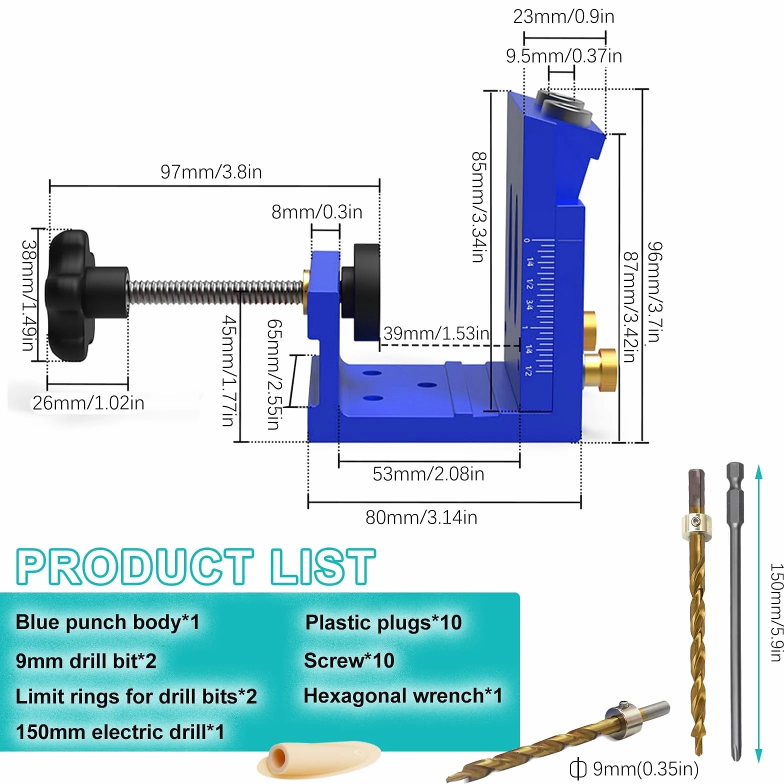 Ajustable Guia taladro, Azul Retirable Pocket Hole Jig, Plantilla Perforación Agujeros Bolsillo con 2 Brocas de 9 mm, para Carpintería y Fabricación de Muebles (Azul)