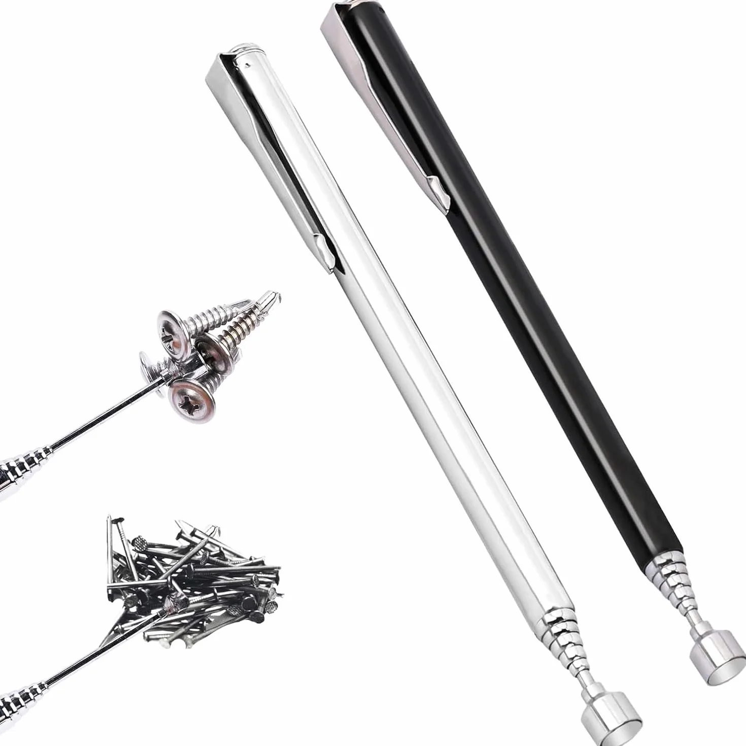 WUBAYI 2 herramientas telescópicas de recogida magnética, palo magnético y bolígrafo de recuperación, se extiende hasta 64 cm con fuerza de 1.5 libras, negro + plateado con clip de bolsillo (agarrador