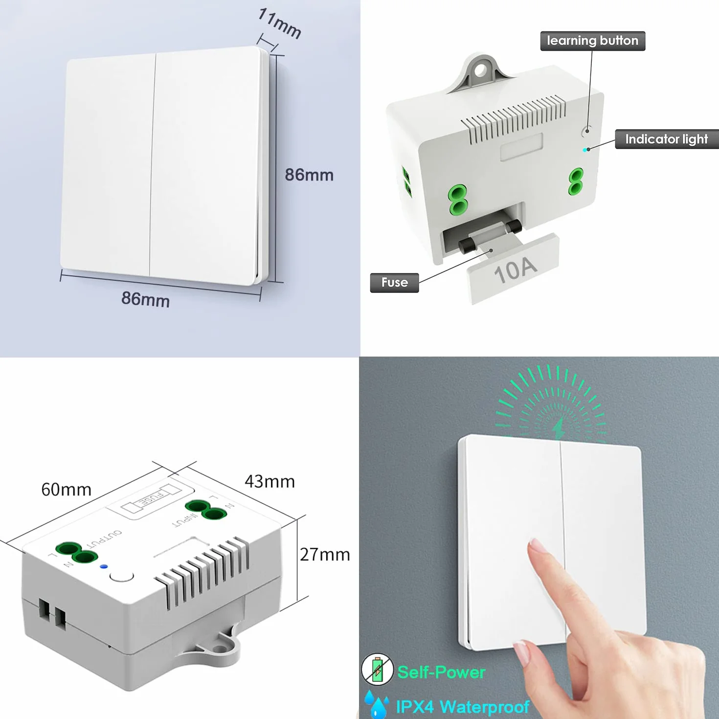DieseRC Interruptor de Luz Cinético Inalámbrico RF de Panel de Pared con Controlador Receptor de Relé de 10 A