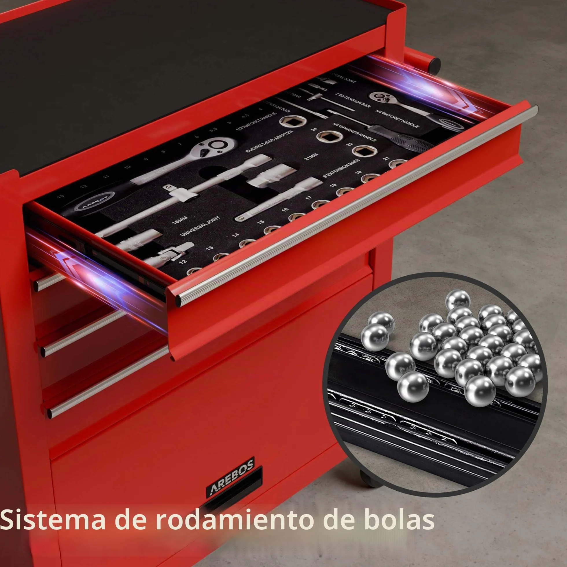 Arebos Carro de Taller con 4 Compartimentos | Incluye 81 Herramientas, Carro de Herramientas Equipado | Alfombrillas Antideslizantes | 2 Ruedas con Freno de estacionamiento | Rojo