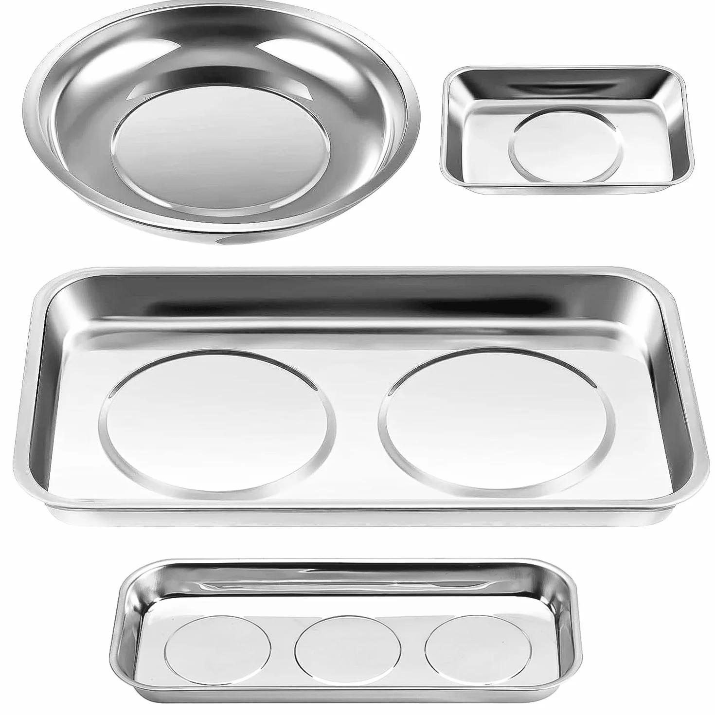 4 Piezas Juego de Bandejas Magnéticas, Bandejas de Acero Inoxidable Que Incluyen Bandejas Redondas y Rectangulares para Herramientas, Tornillos, Brocas y Clavos (4)