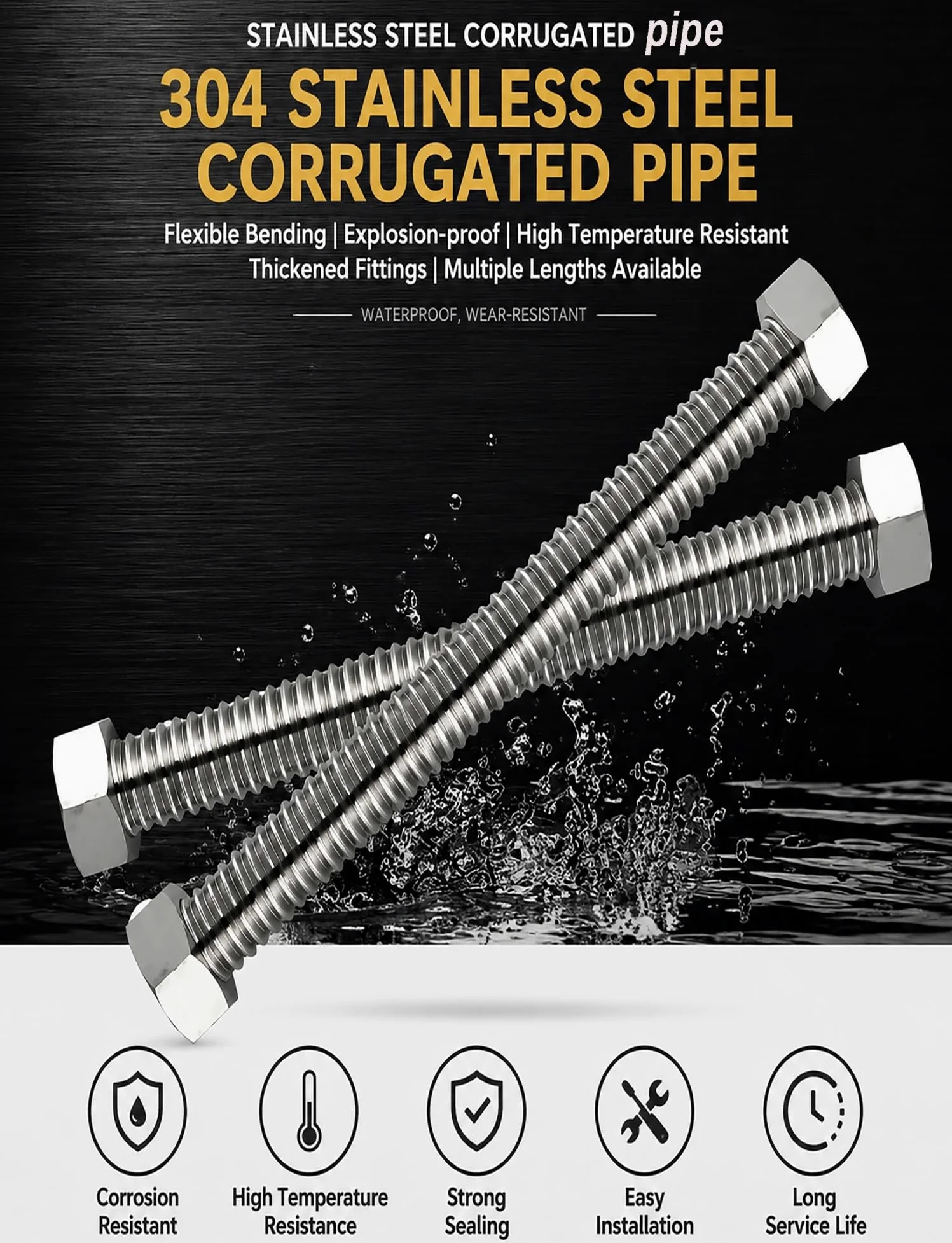 Manguera de metal flexible corrugado de acero inoxidable 304, para tuberías industriales (11.8 pulgadas)