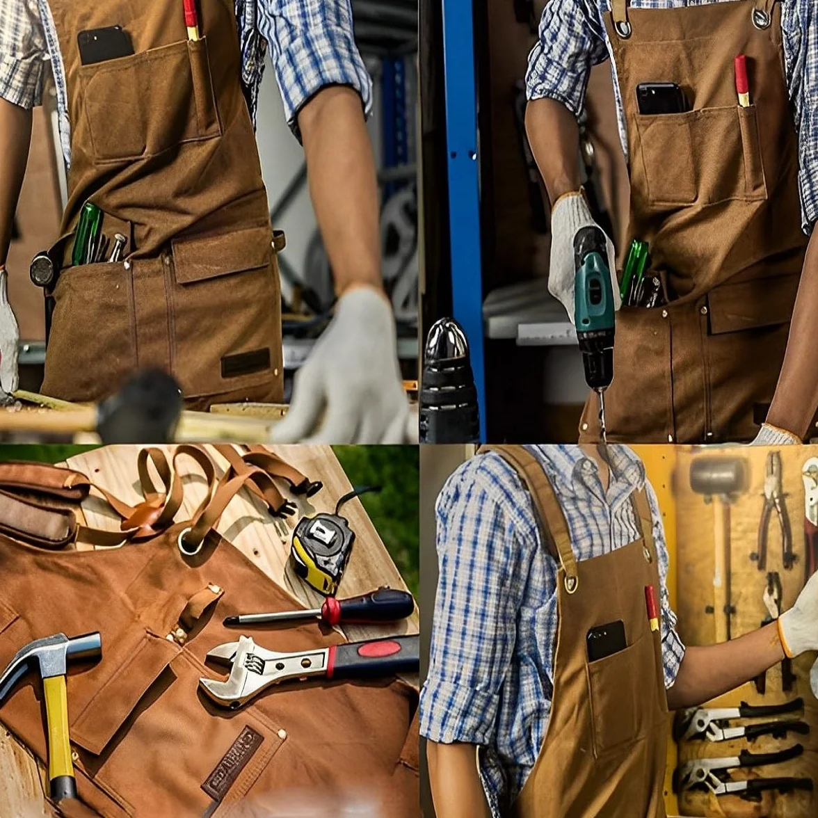 Delantal para Carpintero,Delantal de Trabajo con Bolsillos,Delantal Vaquera Hombre Delantales Barbacoa Lona Vaquera Para Hombres, Ajustable de M a XXL para Carpintería Soldadura Mujer Hombre