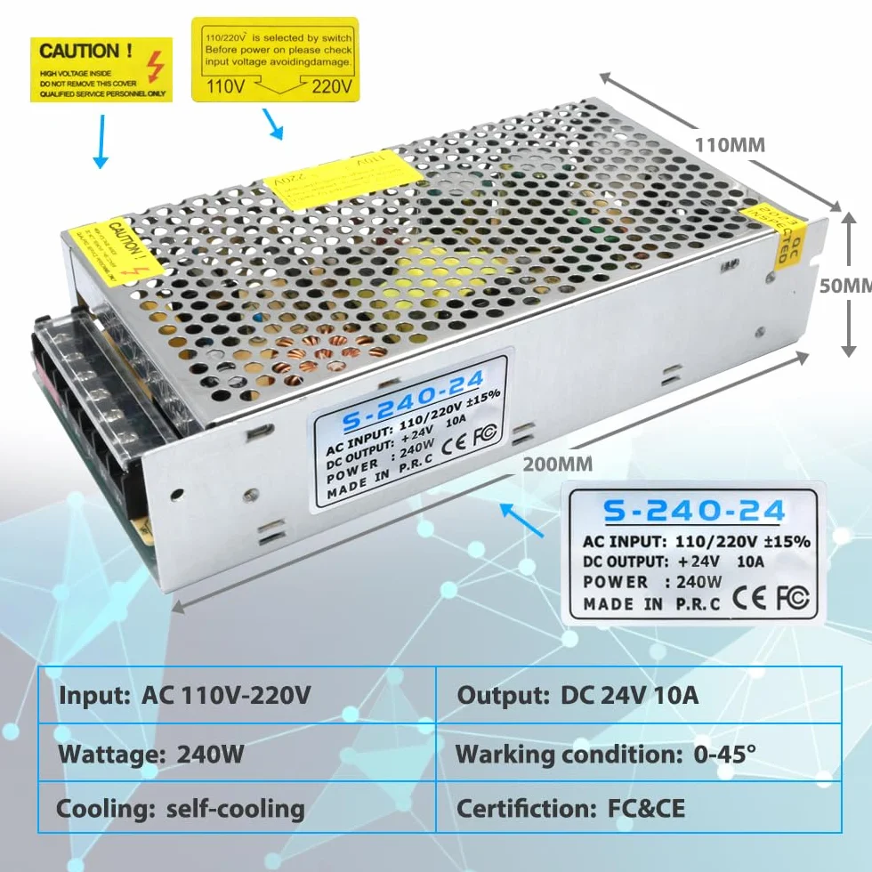 Transformador de Potencia 24V 10A 240W Fuente Alimentación Interruptor AC 110V / 220V a DC 24V, para Tira de LED y Luces LED