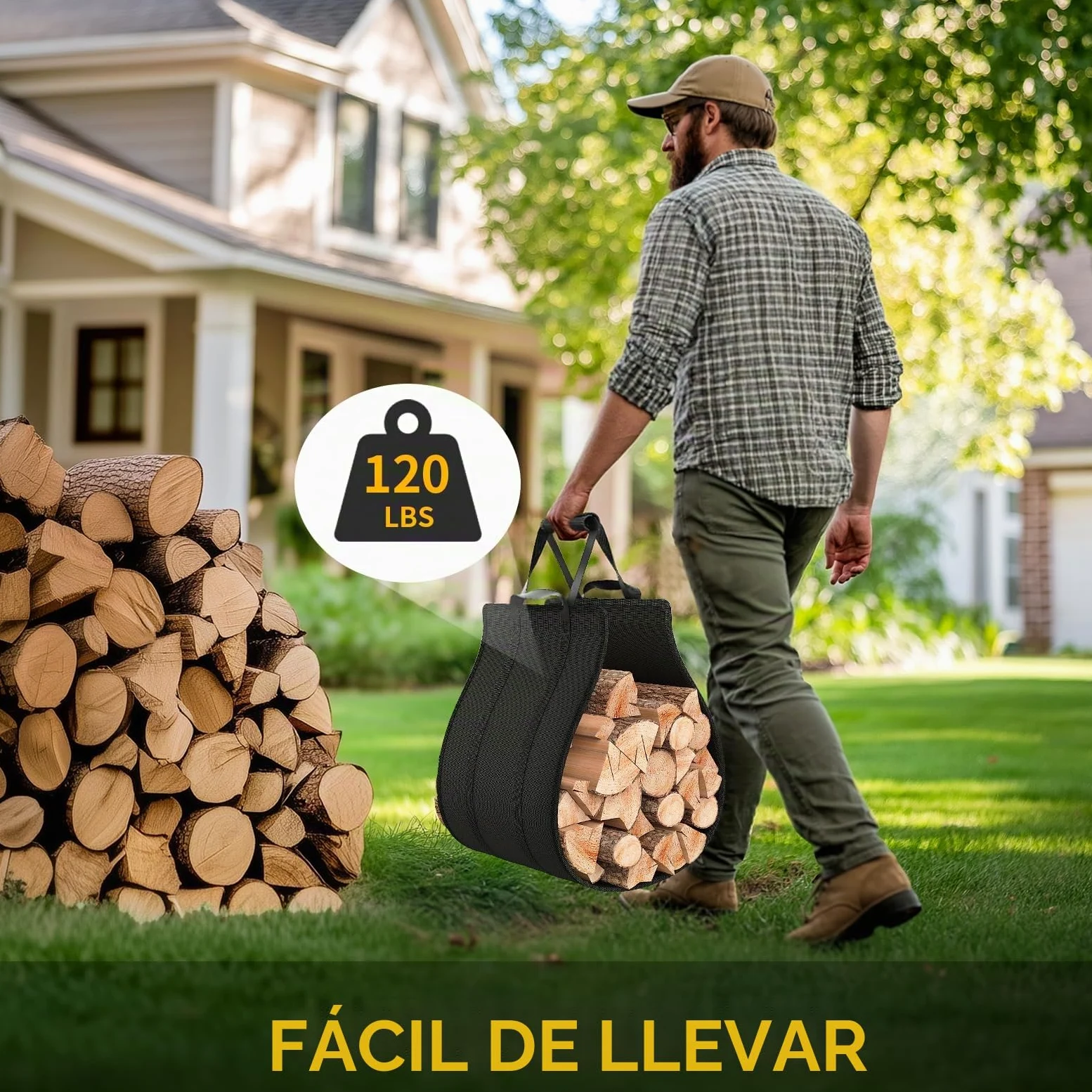 Leñero en Forma de U Reforzado Leñero Interior Exterior Metal 250lbs 4 Patas con Bolsa Transporte para Chimenea Jardín 43x53x33cm Negro Antideslizante