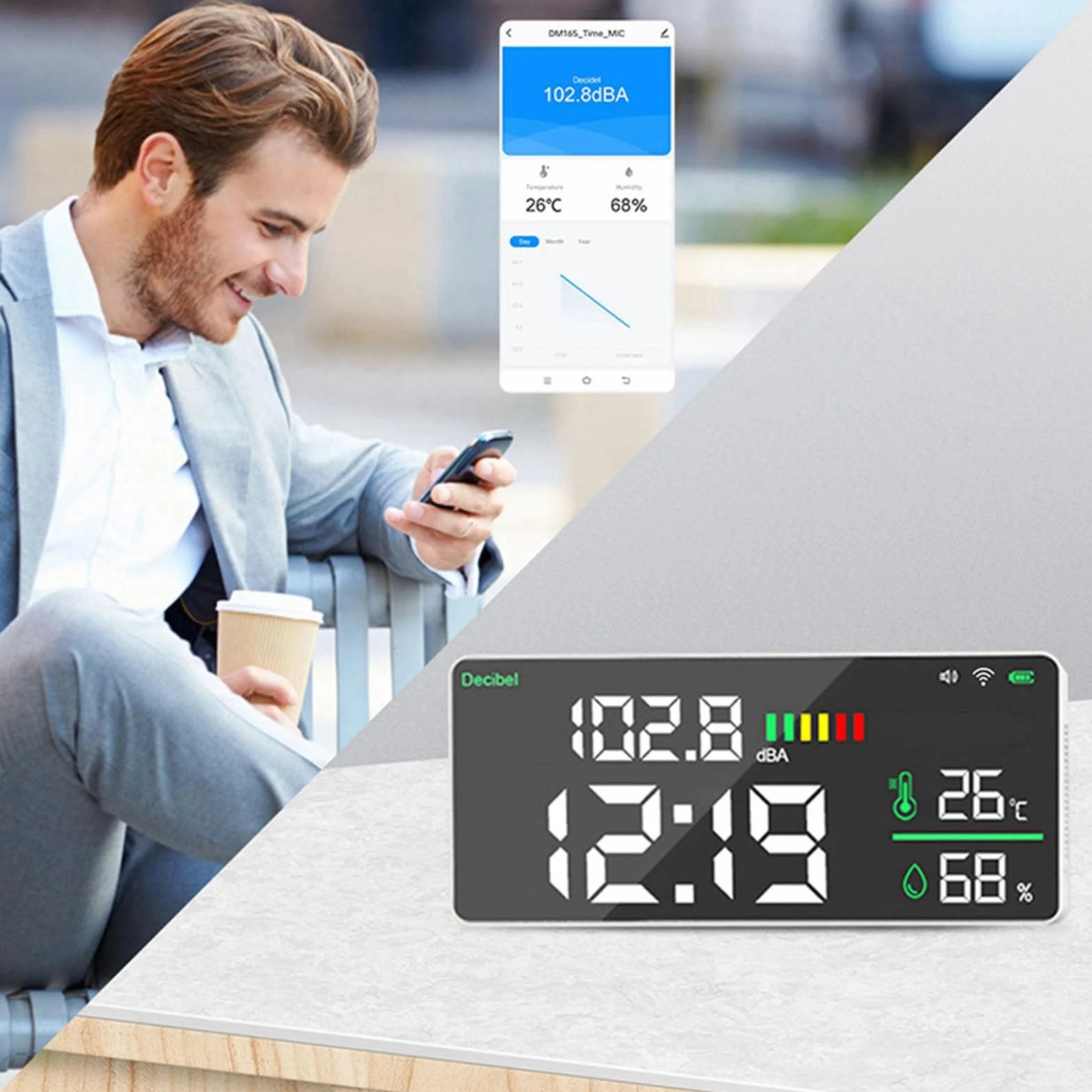 Lazmin112 Medidor de Decibelios lideró de 11 Pulgadas Con Wifi, Medidor de Ruido, Termómetro, Reloj Higrómetro para la Aplicación
