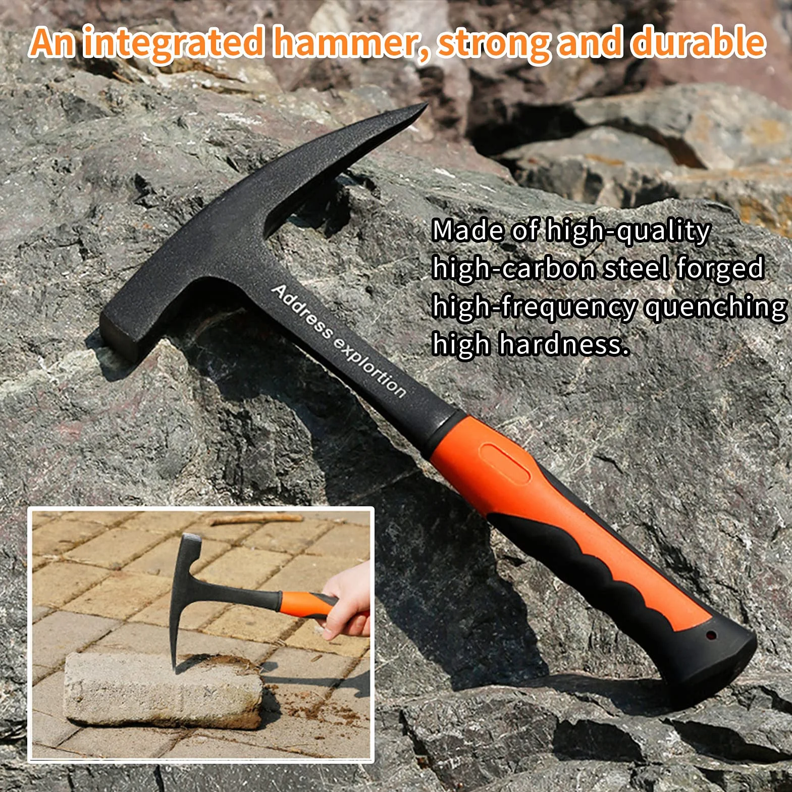 Martillo Geológico Profesional, Martillo de Exploración, Pico de Roca con Mango Amortiguador, 290 mm, Herramienta Manual Multifuncional para Exploración de Minerales, Geología y Arqueología