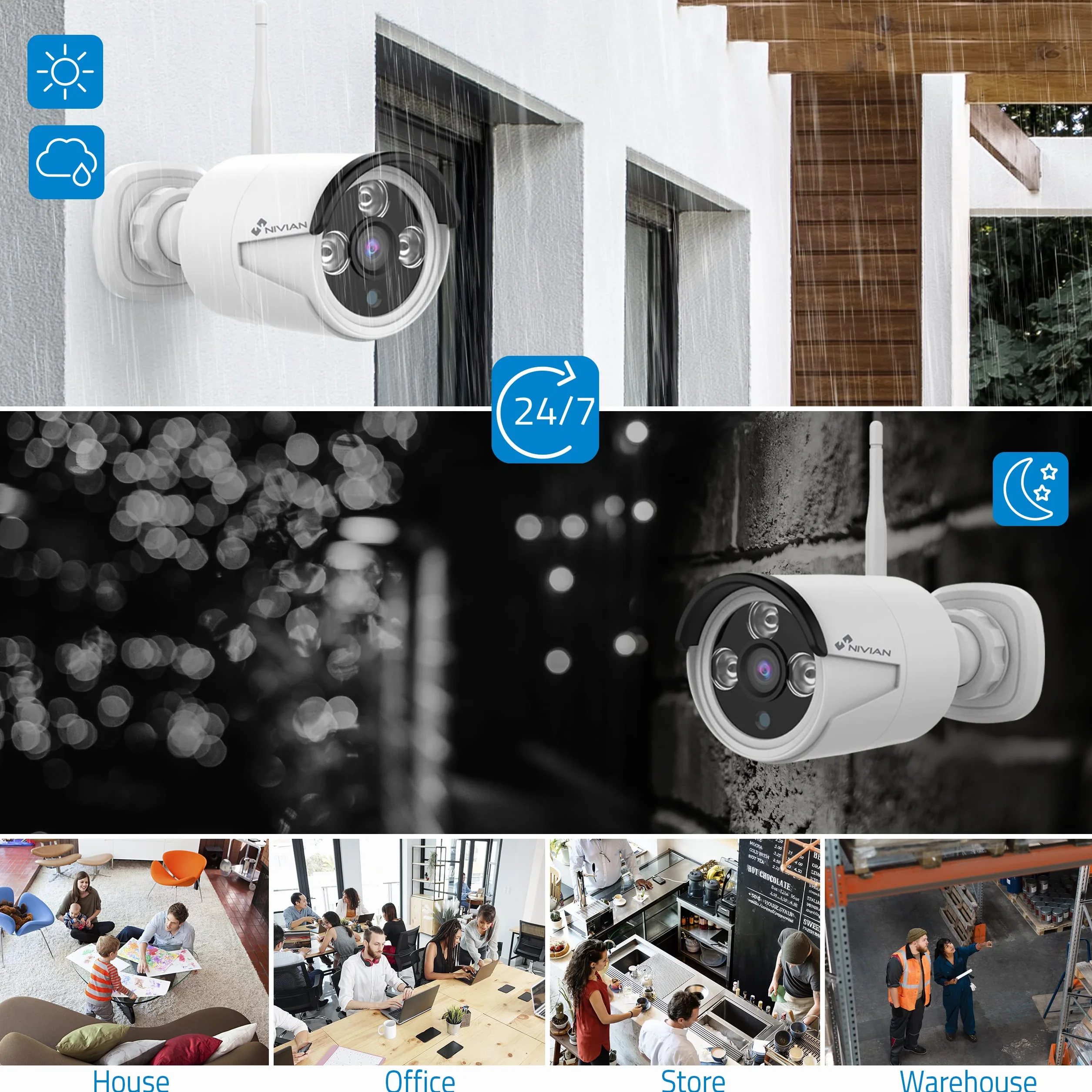 Nivian Kit de Cámaras de Vigilancia WiFi 2K con Grabador 10CH y 4 Cámaras Exterior Impermeables IP66,Visión Nocturna, Detección de Movimiento, Fácil Instalación Sin Cables, Notificaciones en App