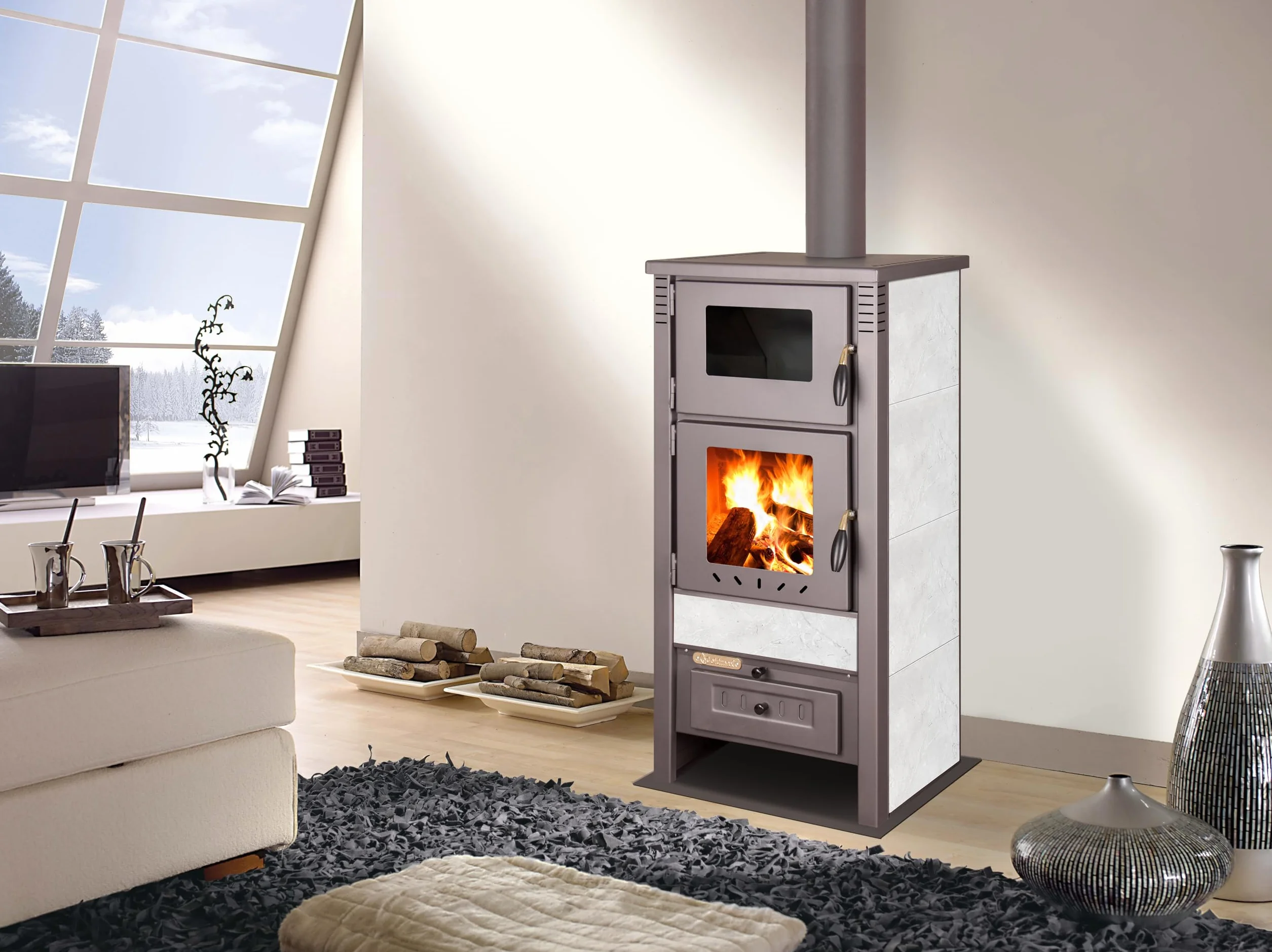 Estufa de leña Bio Leña Sile con horno, Cerámica Blanca, 12 kw, 60-80 m², 82% eficiencia