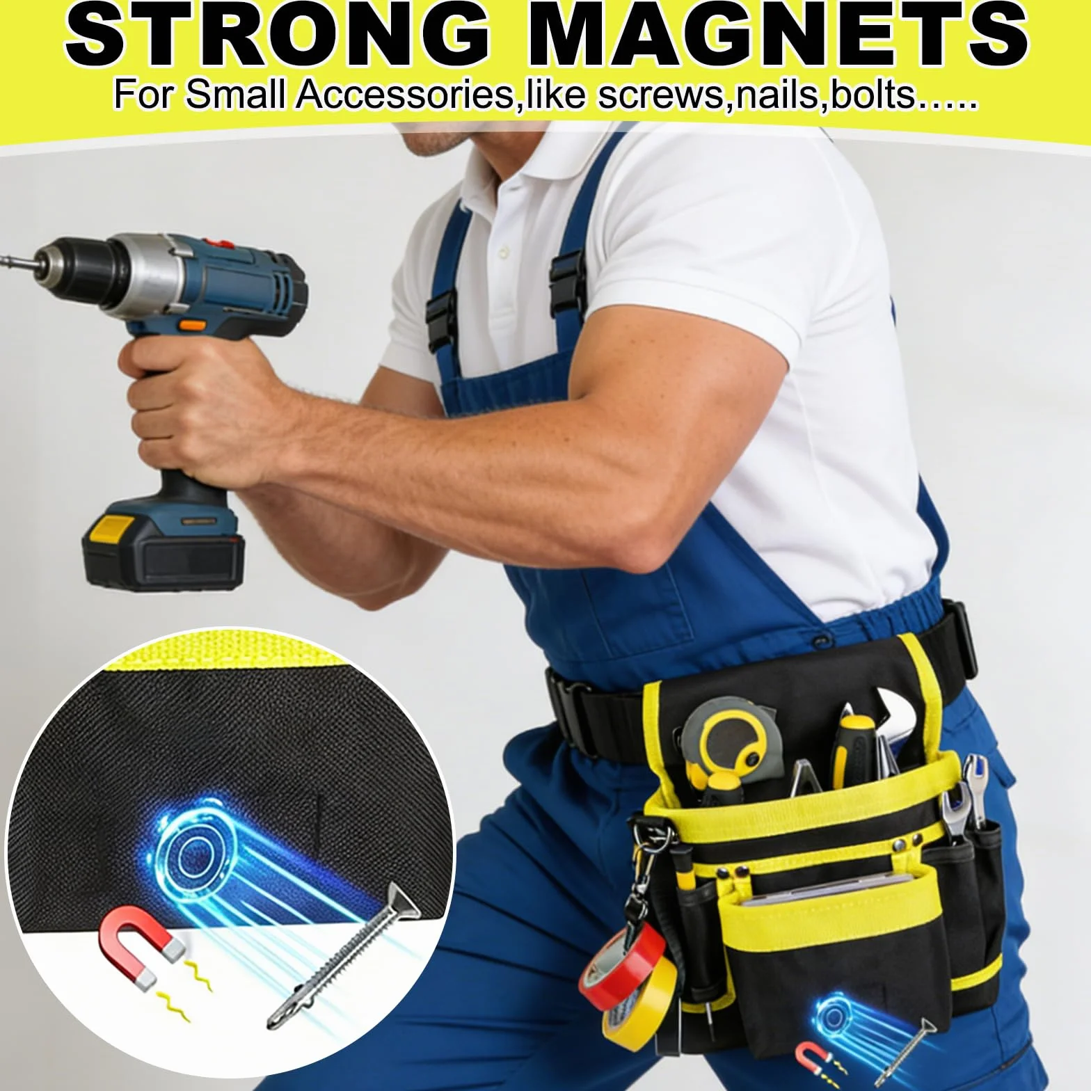 Cinturón de Herramientas con 26 Bolsillos Magnéticos Desmontables para Hombre
