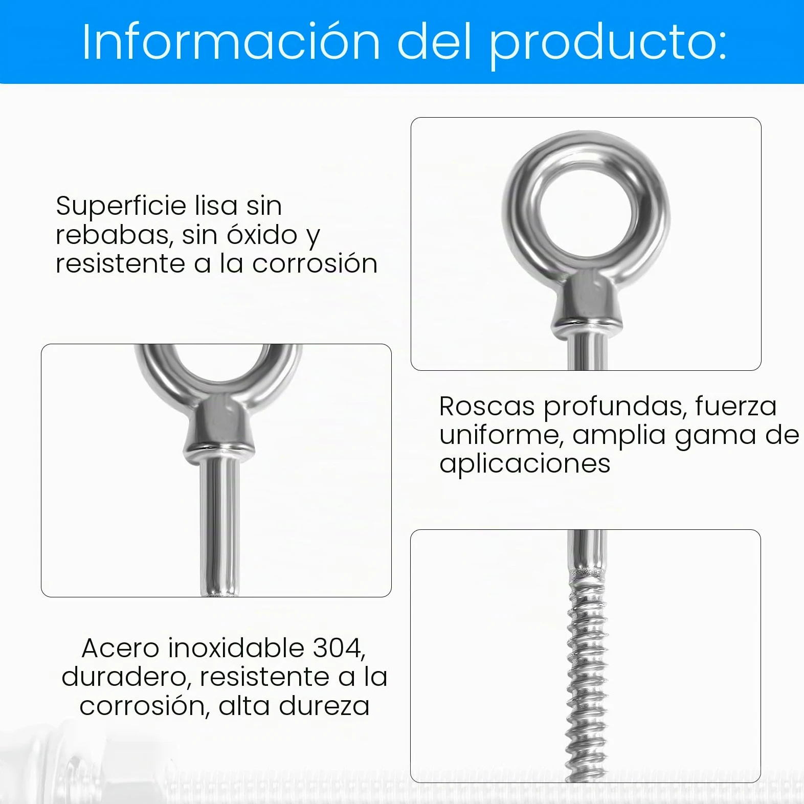 12 uds. pernos de ojo | perno de ojo M8 x 80 mm | perno de ojo de acero inoxidable 304 | perno de ojo M8 | pernos de ojo | Gancho de tornillo M8 con tuerca de anillo puntiaguda