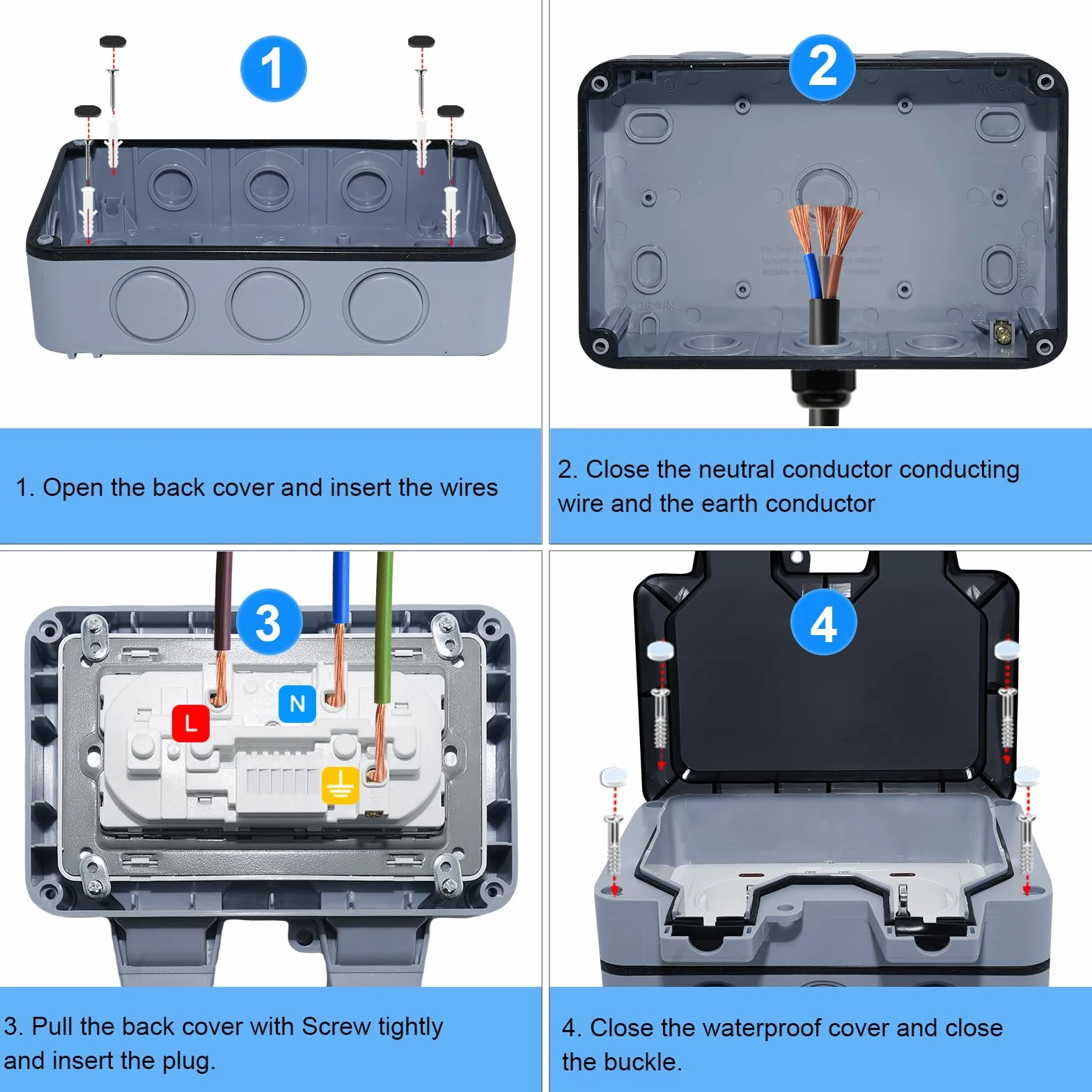 Enchufe Estanco Exterior Impermeable, Toma de Corriente IP66, Doble Pared Enchufes con Interruptor, Conector de Cable y Tapa Abatible, para Cocina Baño Garaje Piscina y Jardín