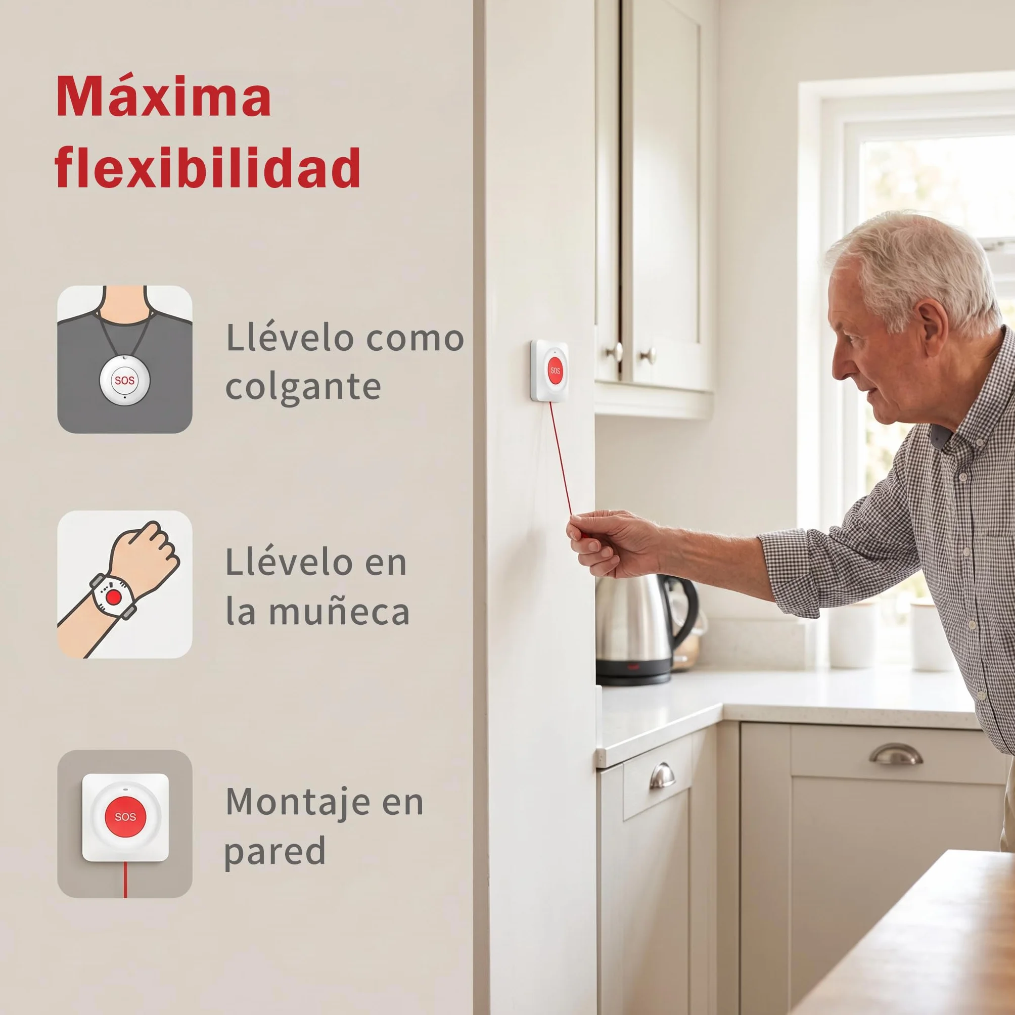 Pulsera con Botón de Emergencia para Ancianos con WiFi, Avisador Personas Mayores sin Suscripción, IP55 Impermeable, Alarma 85 dB, Notificaciones por App y Volumen Ajustable (Kit de 4)