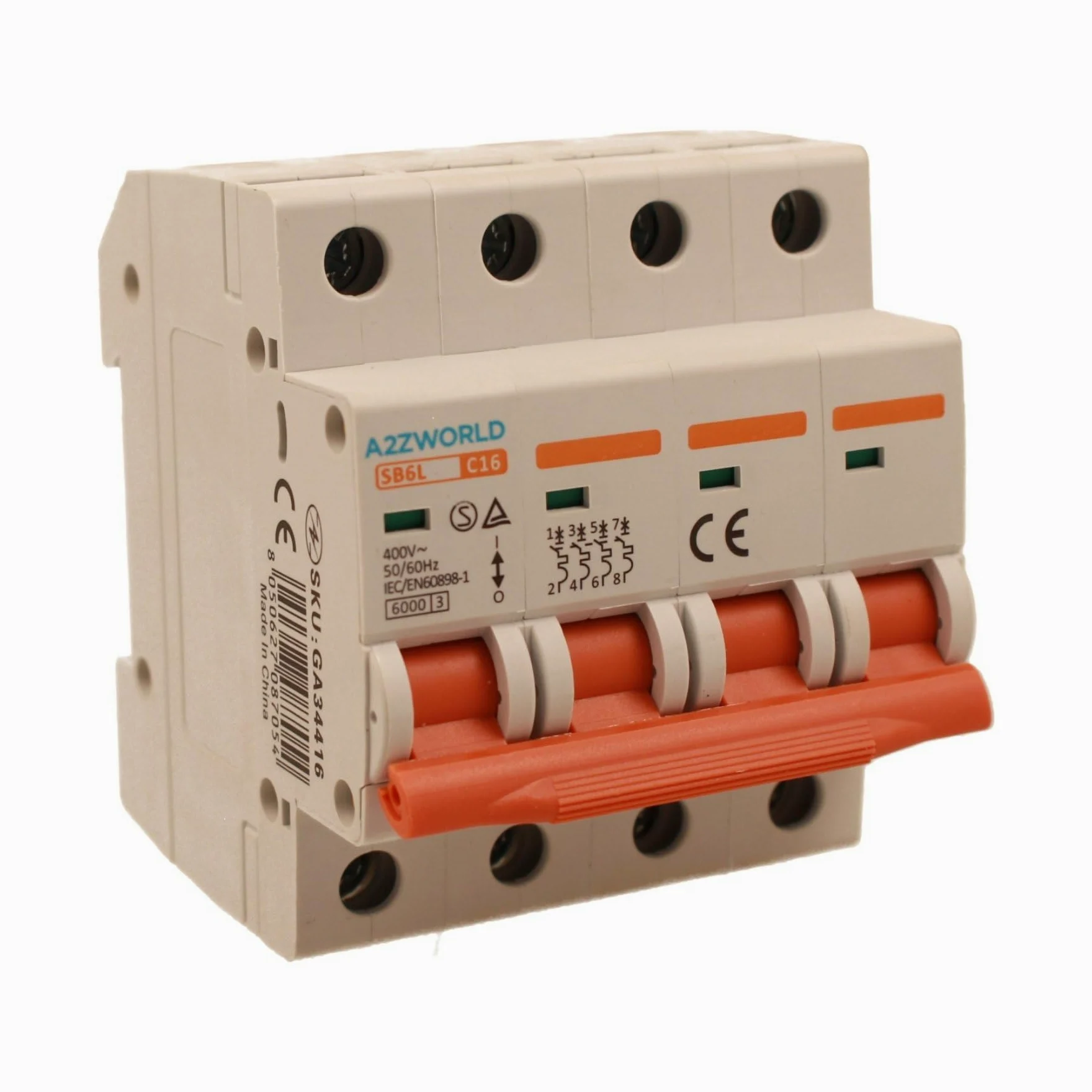 Interruptor magnetotérmico trifásico 4P 16A C16, curva C 6kA, 4 módulos DIN 380 V AC, certificado IEC60898-1, serie SB6L