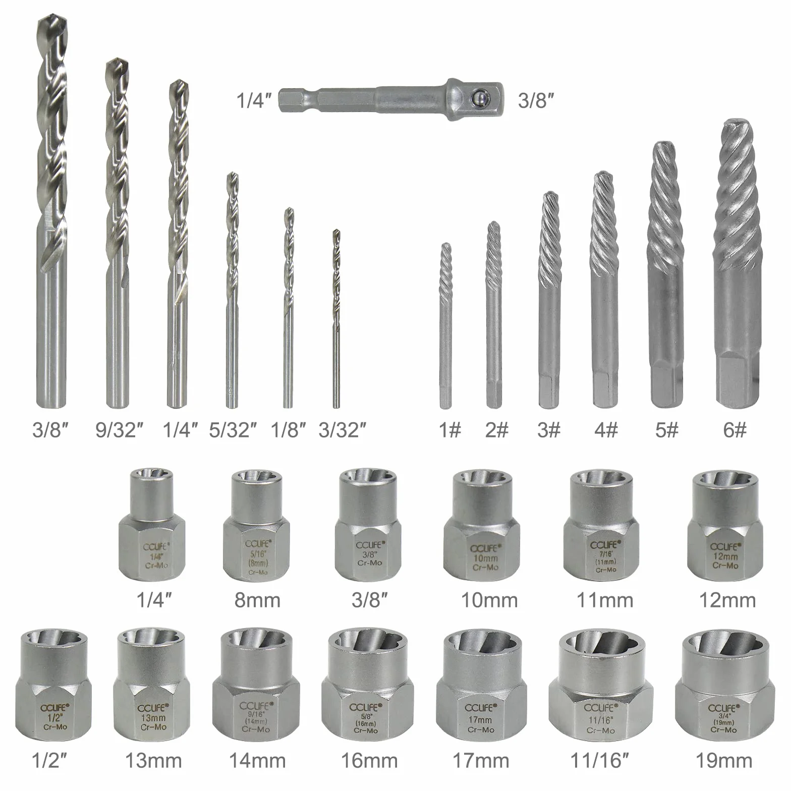 CCLIFE 26 piezas Llave de Tubo 3/8" Cr-Mo Inserto Especial Extractor Izquierdo de Tornillos y Tuercas 8-19mm Extractor de Tuercas Turbo
