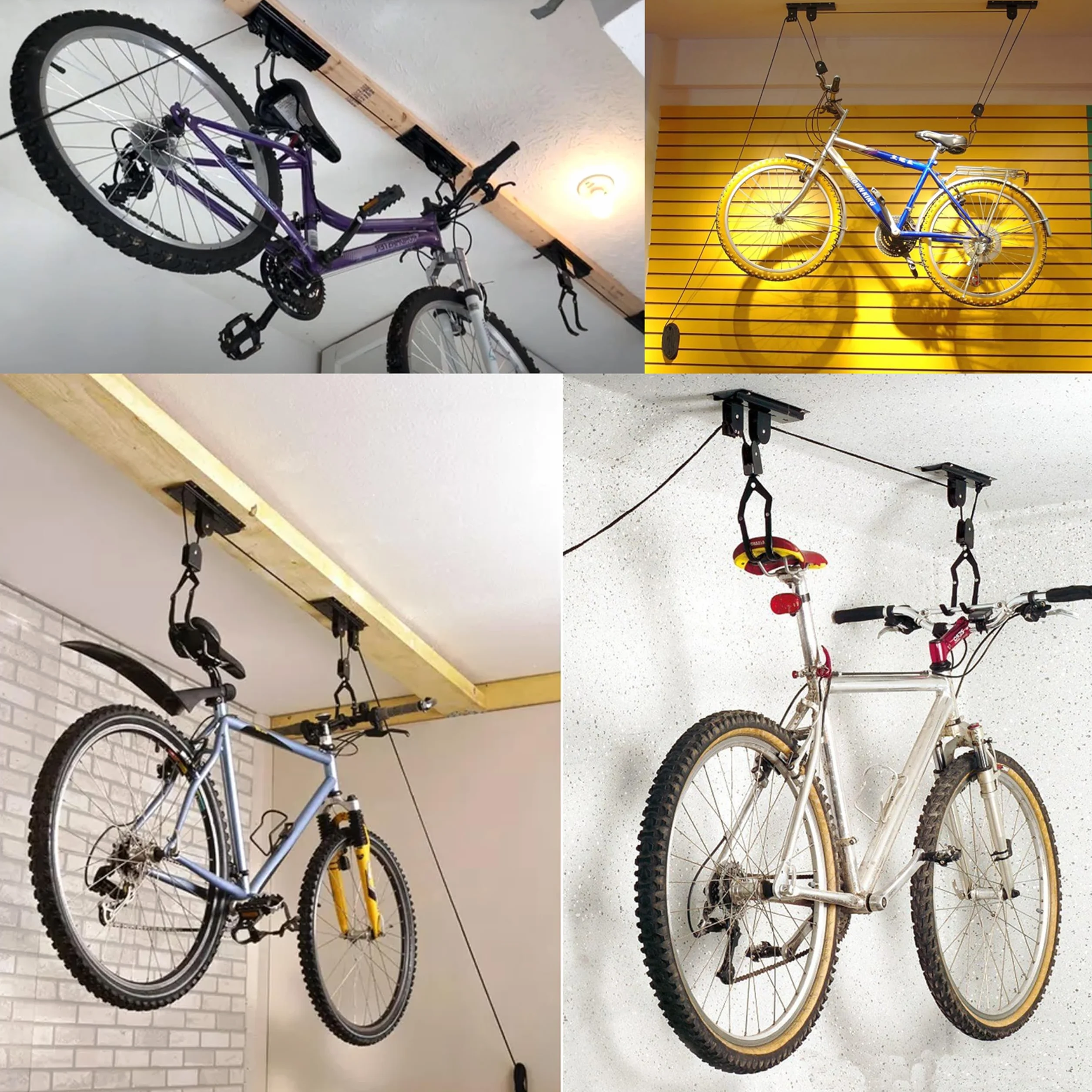 Retoo Elevador de Bicicleta, Soporte Suspensión, Capacidad 20 kg, Montaje en Techo, Almacenamiento Garaje, Cuerda 15m, Negro