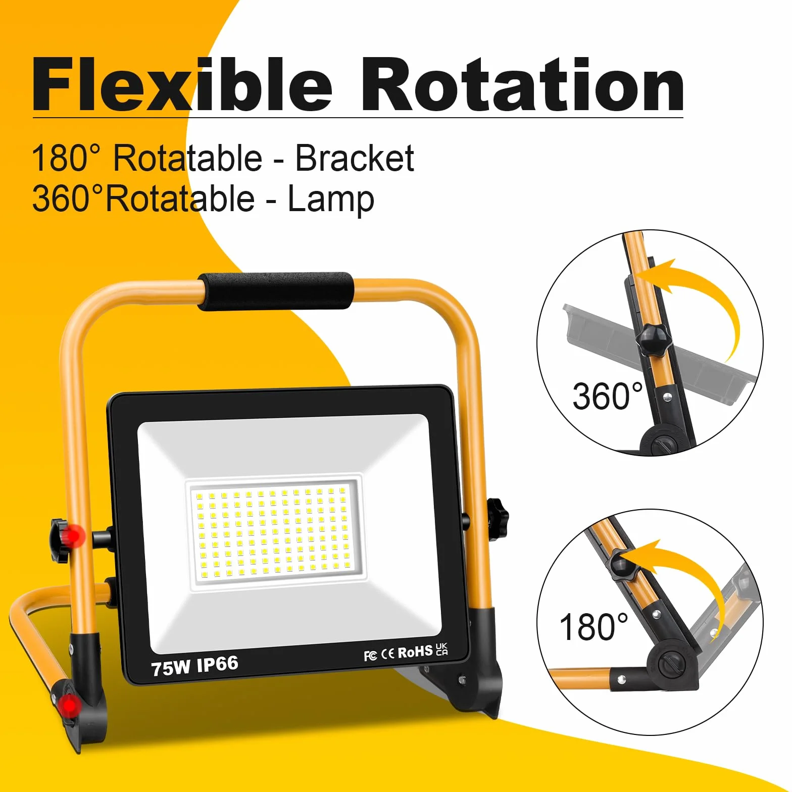 RIGIDON 75W Foco de Trabajo LED, 7500LM Foco LED Portátil con Soporte plegable, IP66 Impermeable Luz de Trabajo para Interiores y Exteriores para Obra Taller Garaje, 6000K Blanca