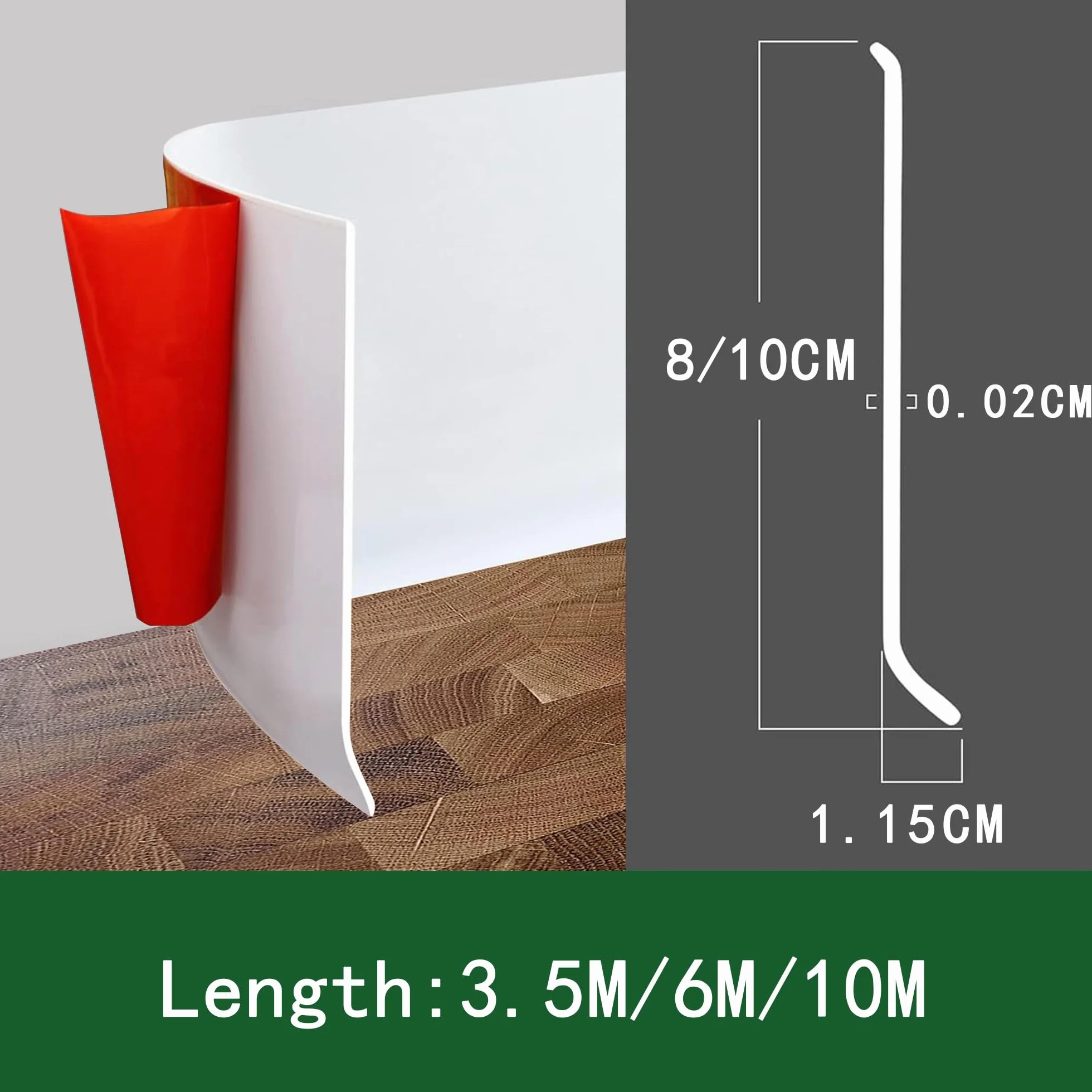 Rodapies Autoadhesivo PVC, 3.5/6/10 M Flexible Rodapie Adhesivo, Zocalos Pared, Rodapie Apto Para Cocina, Sala de Estar y Baño, Ancho 8/10 cm (Blanco, 8cm x 3.5 metros)