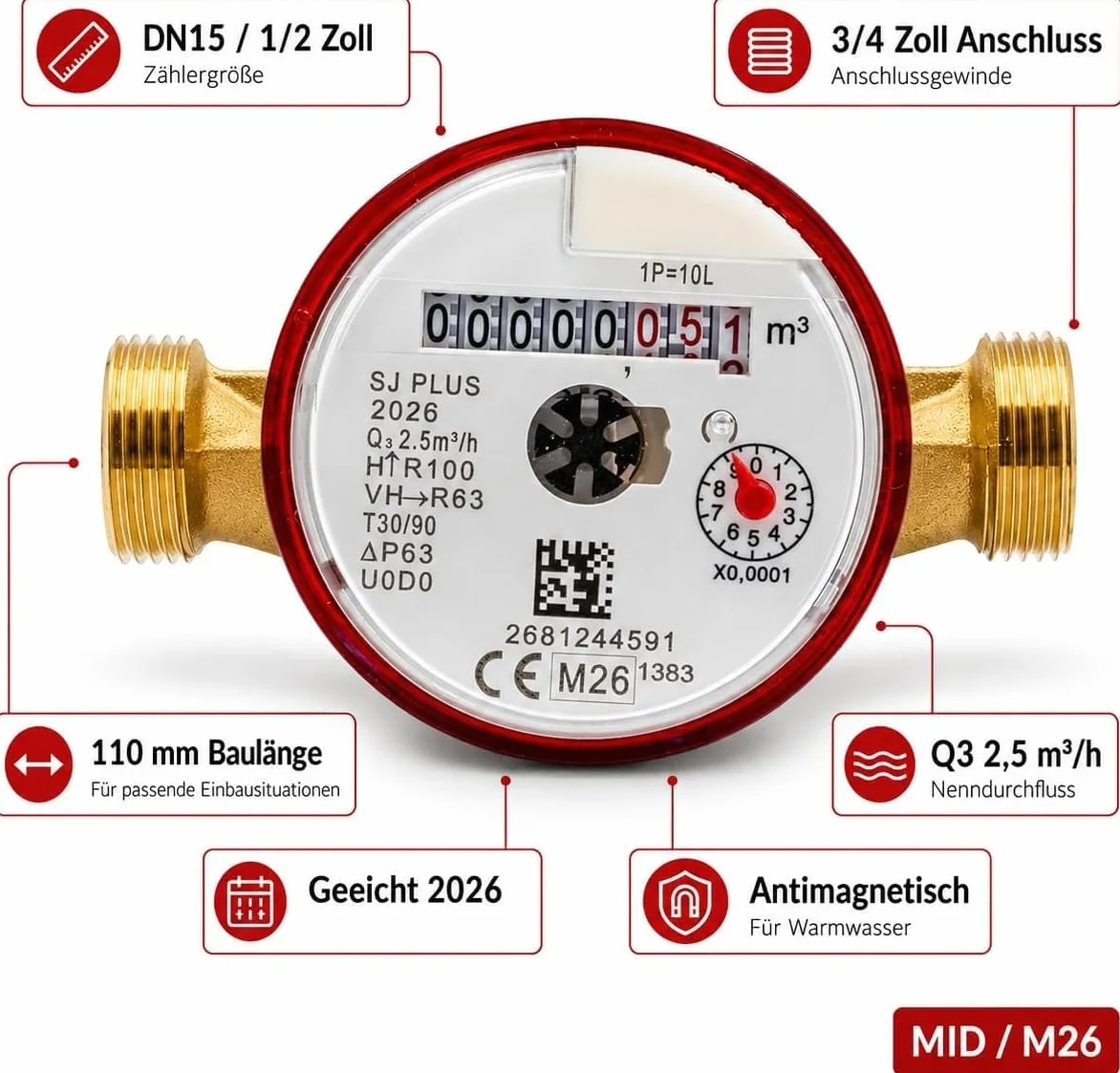 Contador de agua caliente DN15 1/2 pulgada de chorro único, Q3 2,5 m³/h, longitud 110 mm, rosca 3/4 pulgada, antimagnético, conforme MID, marcado M26 (2026)