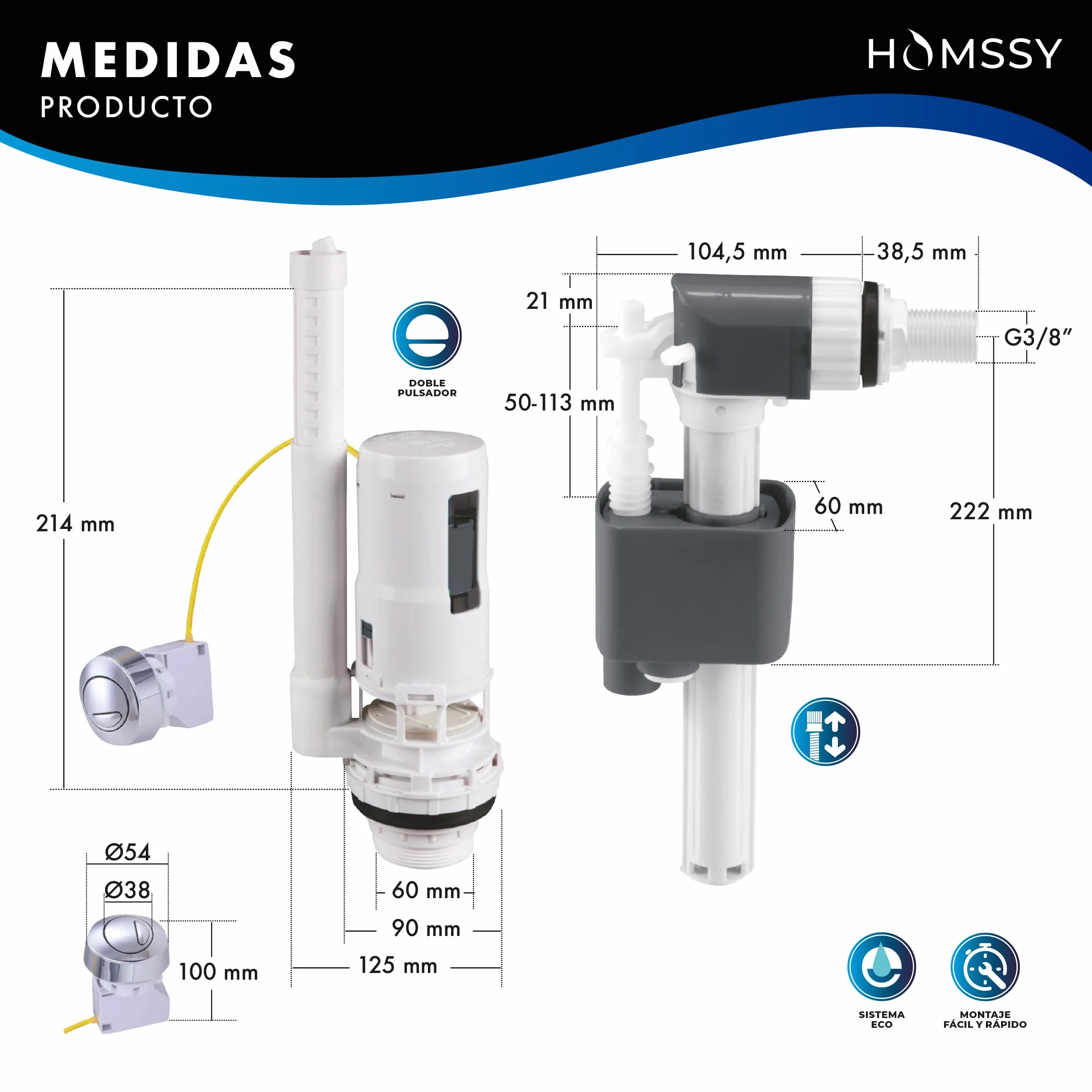 Kit Cisterna WC Completo Mecanismo Descarga Doble Pulsador con Cable 3/8" Válvula Universal Ahorro de Agua