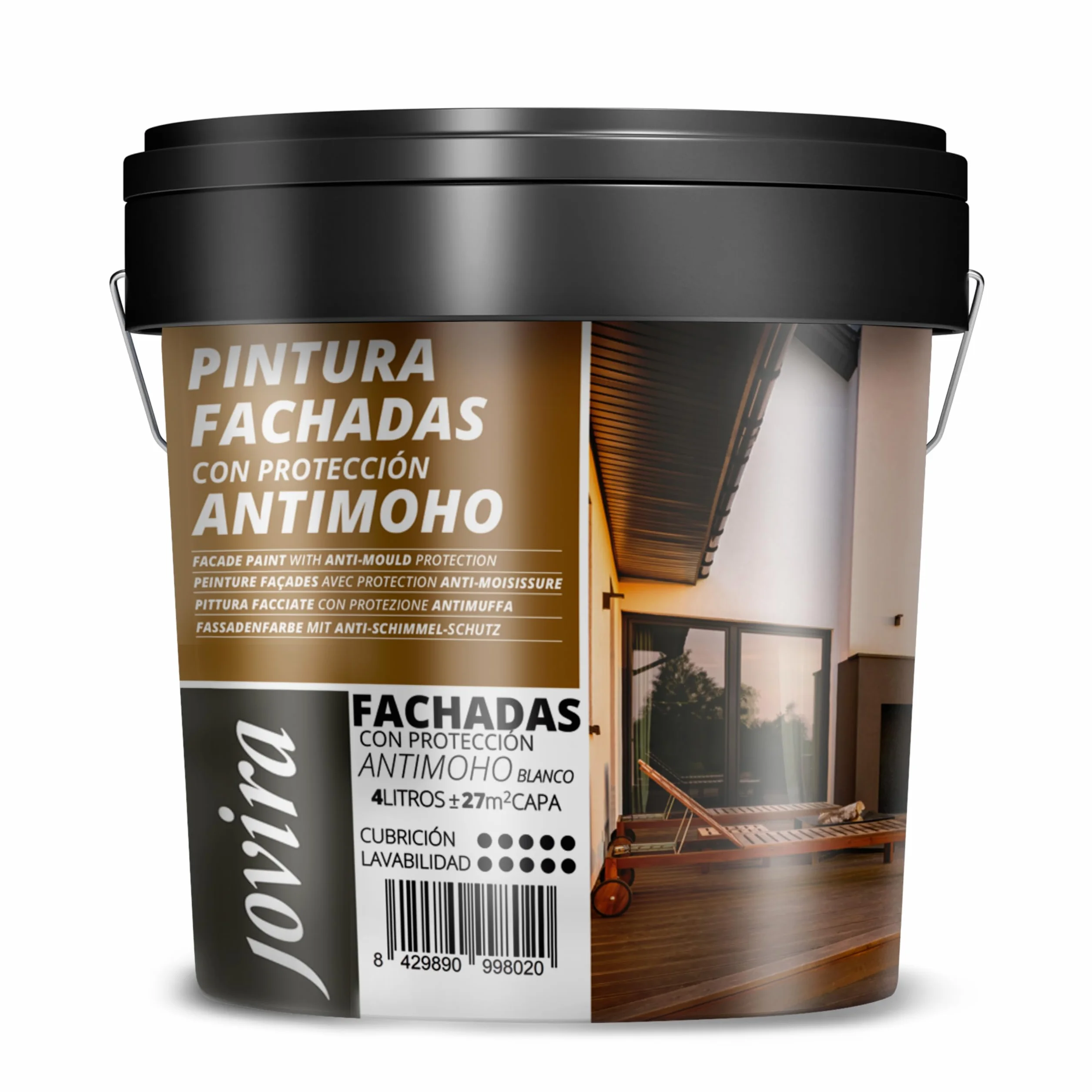 JOVIRA PINTURAS PINTURA FACHADAS ANTIMOHO. Repelente al agua, impermeable y anti fisuras. (4 Litros, Blanco) A-10